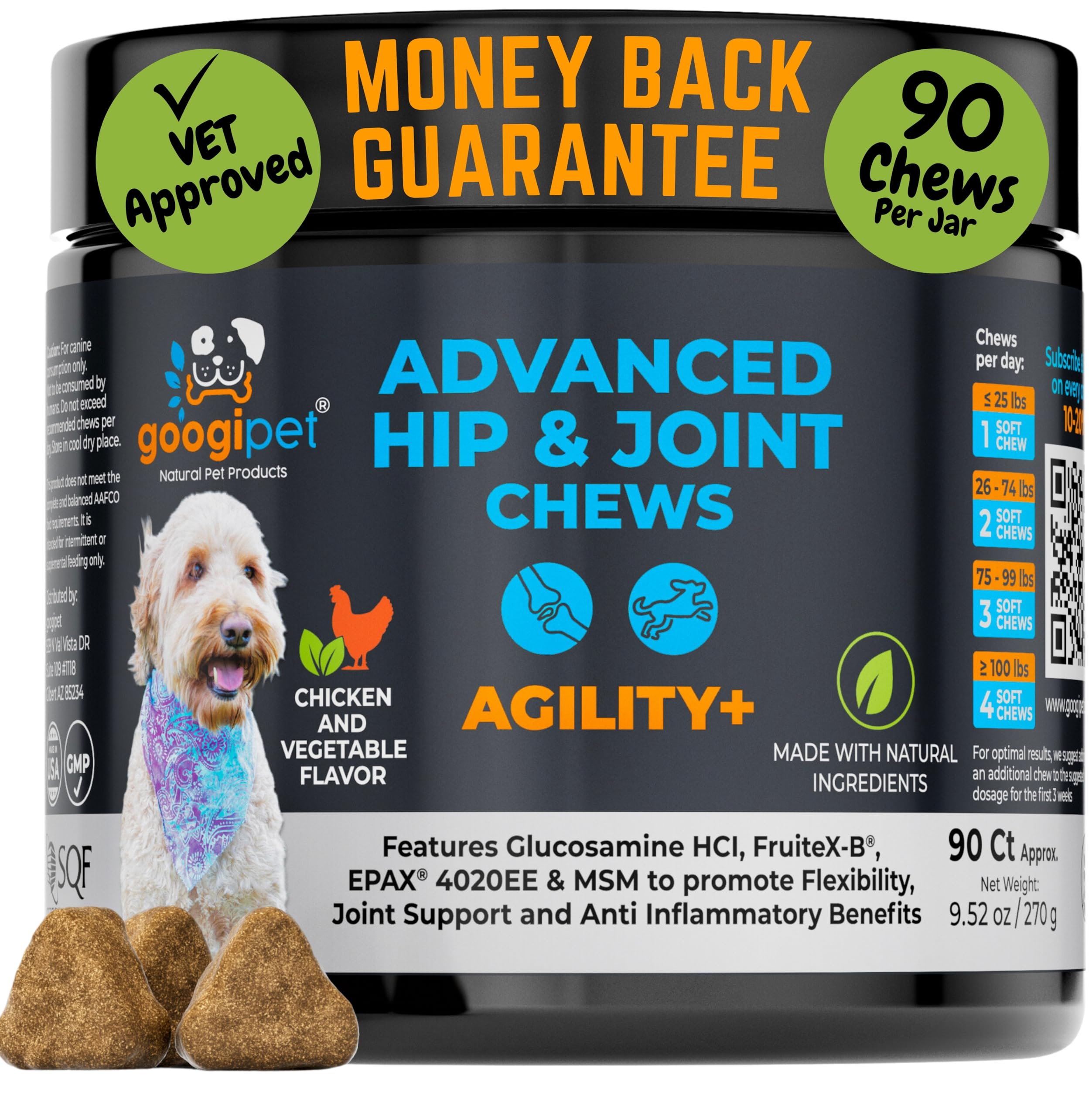 Googipet Hip and Joint Supplement for Dogs - Glucosamine for Dogs - Soft Chews w/Green Lipped Mussels, Turmeric, & Collagen for 