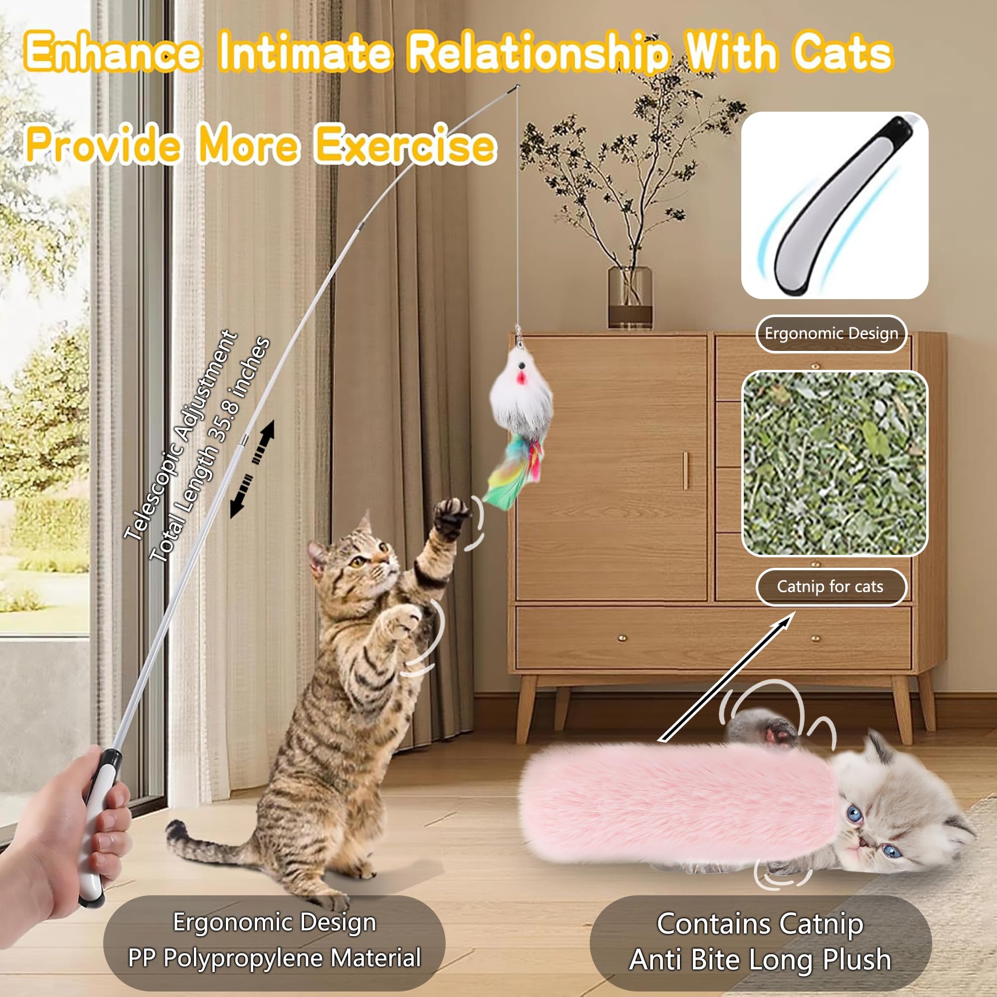 Janbenty 4-In-1 Interactive Cat Feather Toys With Retractable Fishing Pole And Enhanced Suction Cup Catnip Toy Wand For Indoor K