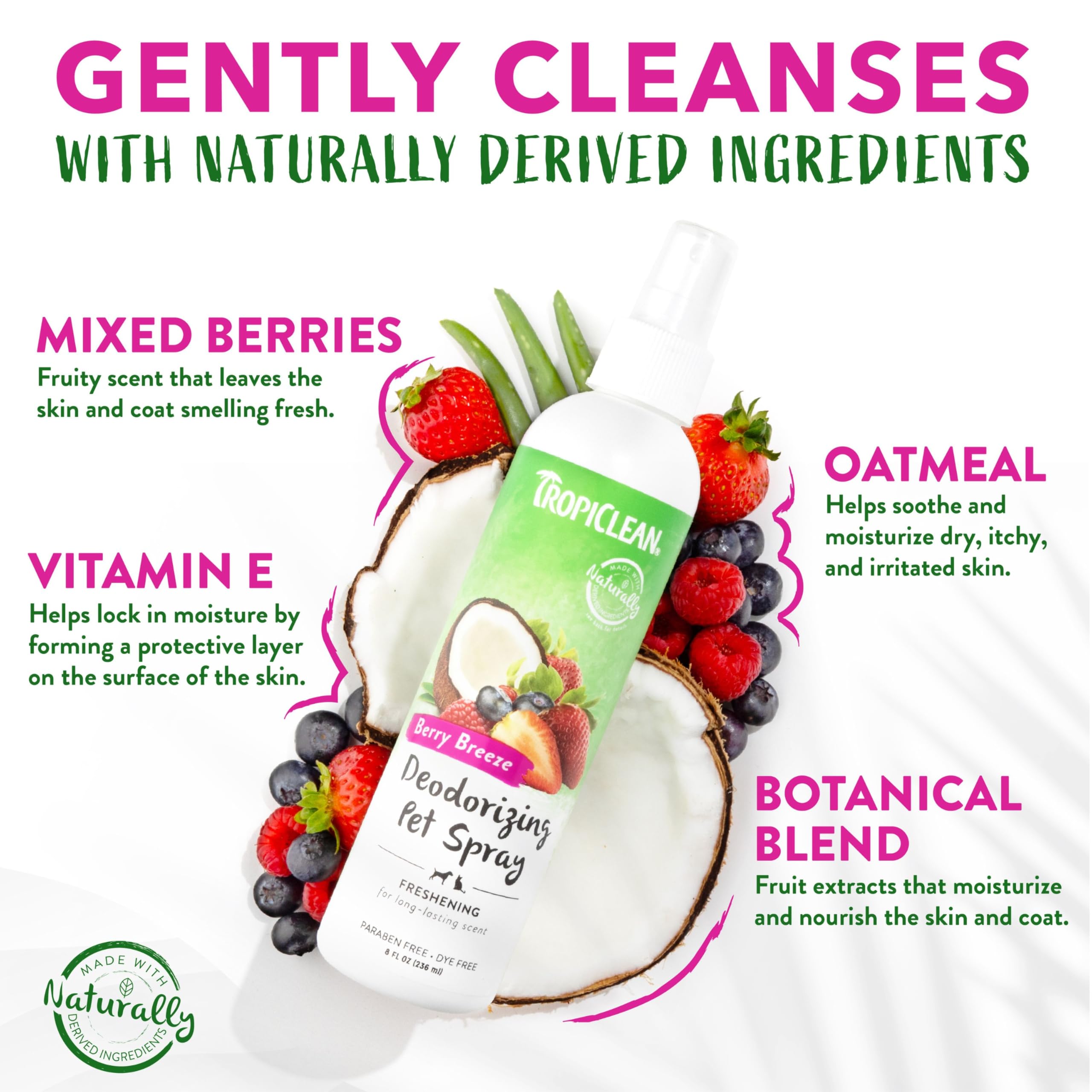 Tropiclean Dog Perfume, Long Lasting Berry Cologne, Deodorizing Spray For Smelly Dogs, After Bath Detangling Spray With Vitamin