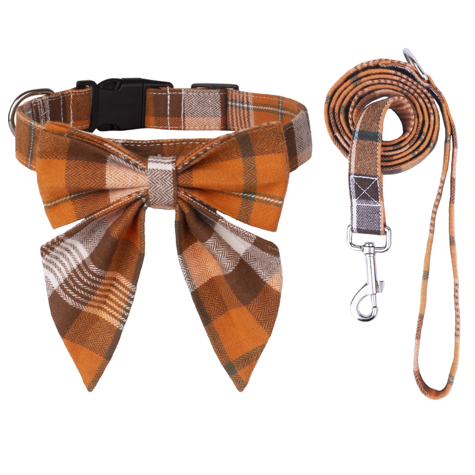 Adoggygo Fall Dog Collar With Leash, Halloween Thanksgiving Dog Bowtie Collar, Adjustable Orange Plaid Dog Fall Collar Leash For Small Medium Large Dogs Pets (Large)
