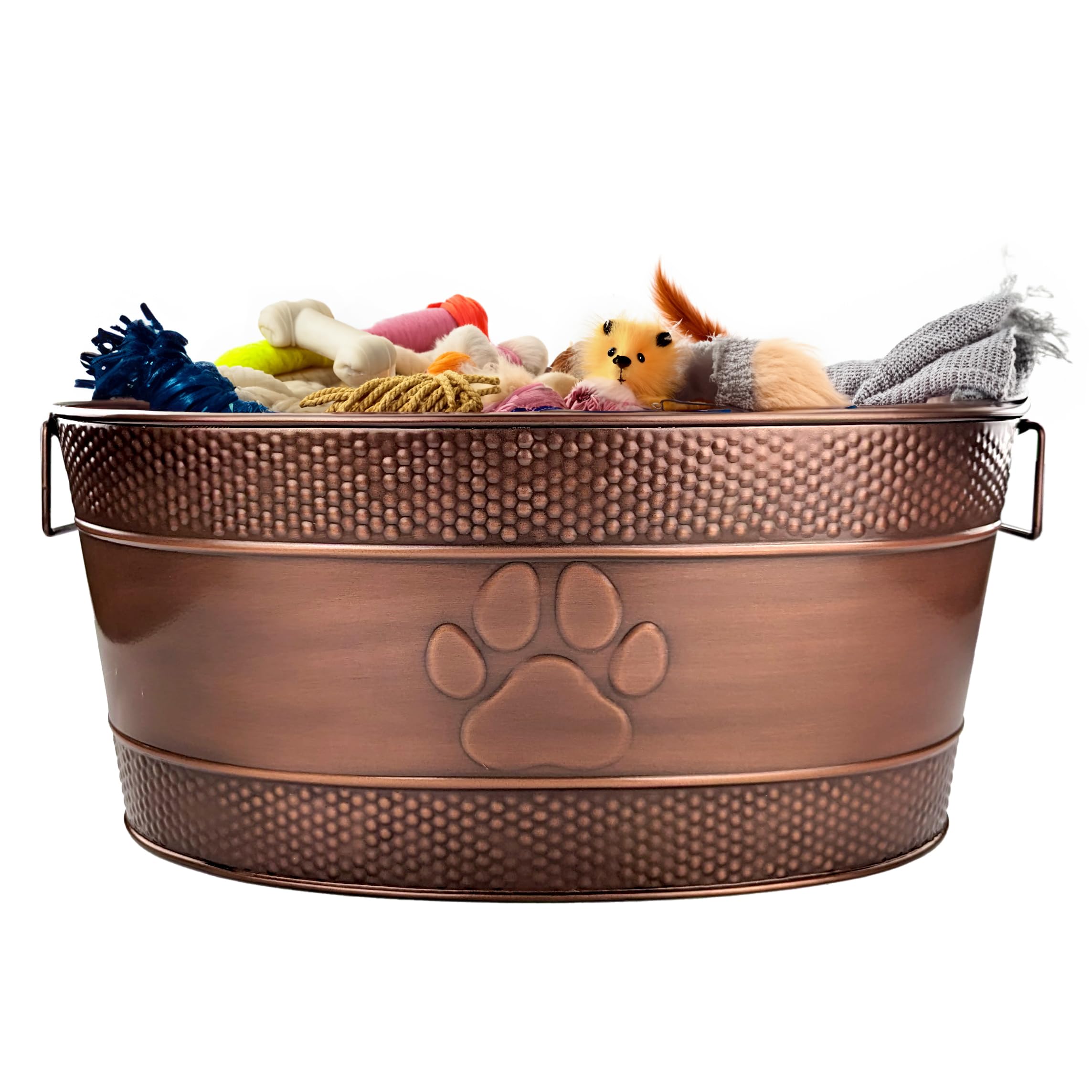 BREKX Indestructible Metal Dog Toy Bin  Copper Galvanized Storage Bin with Handles, Dog Toy Box for Dog Chew Toys, Blankets, & 