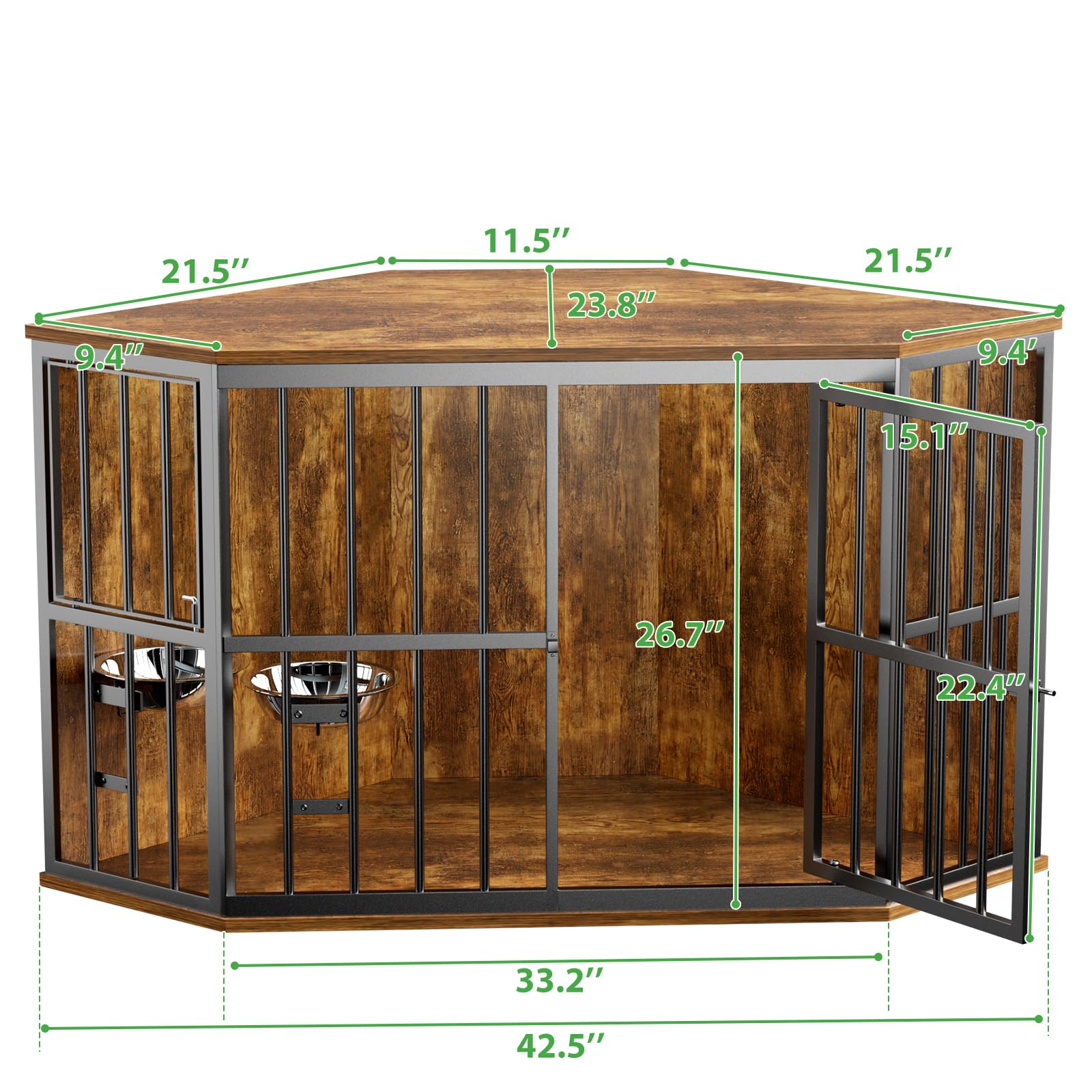 MODCART Medium Dog Crate - 42” Heavy Duty Wooden Furniture, Brown, Chew-Resistant, Includes 2 Stainless Steel Bowls, Model S-4BC200519B