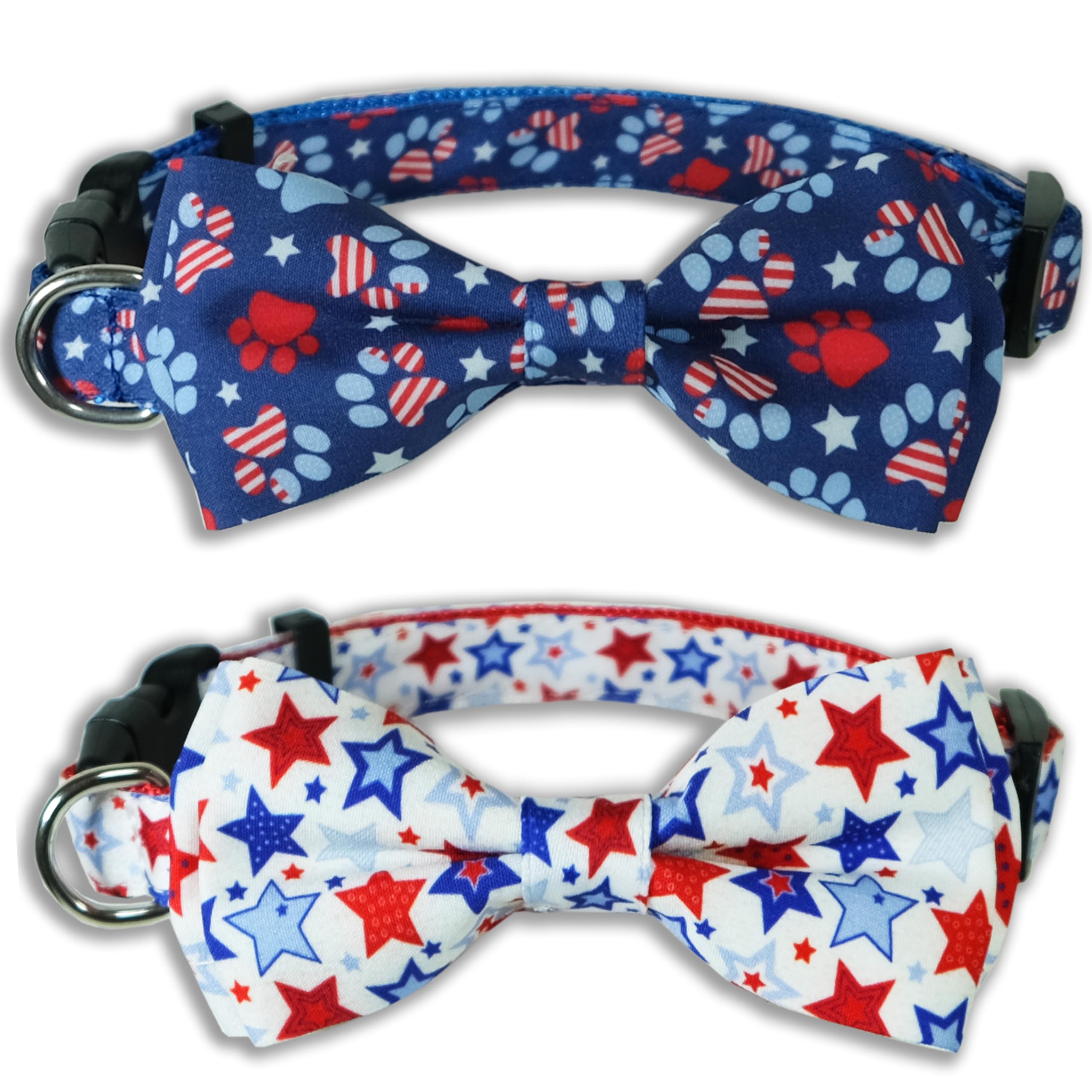 4Th Of July Dog Bow Tie Collar, 2 Pack Holiday Independence Day Patriotic Paws American Stars Collar For Large Medium Small Dogs