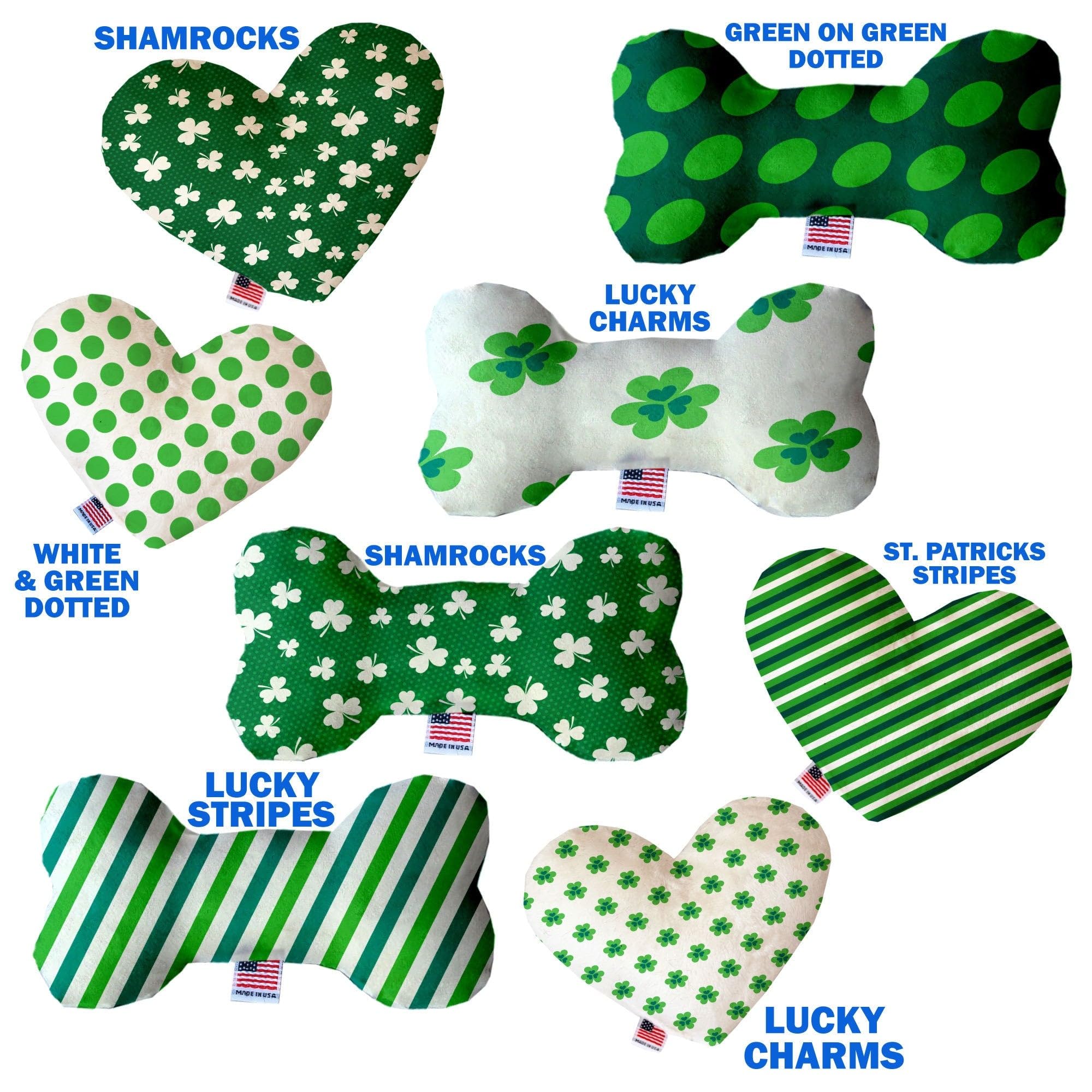 Pet and Dog Plush Heart or Bone Toy, &quot;St. Patrick's Day Group&quot; (Available in different sizes, and 6 different pattern options!) Shamrocks 10&quot; Plush Bone