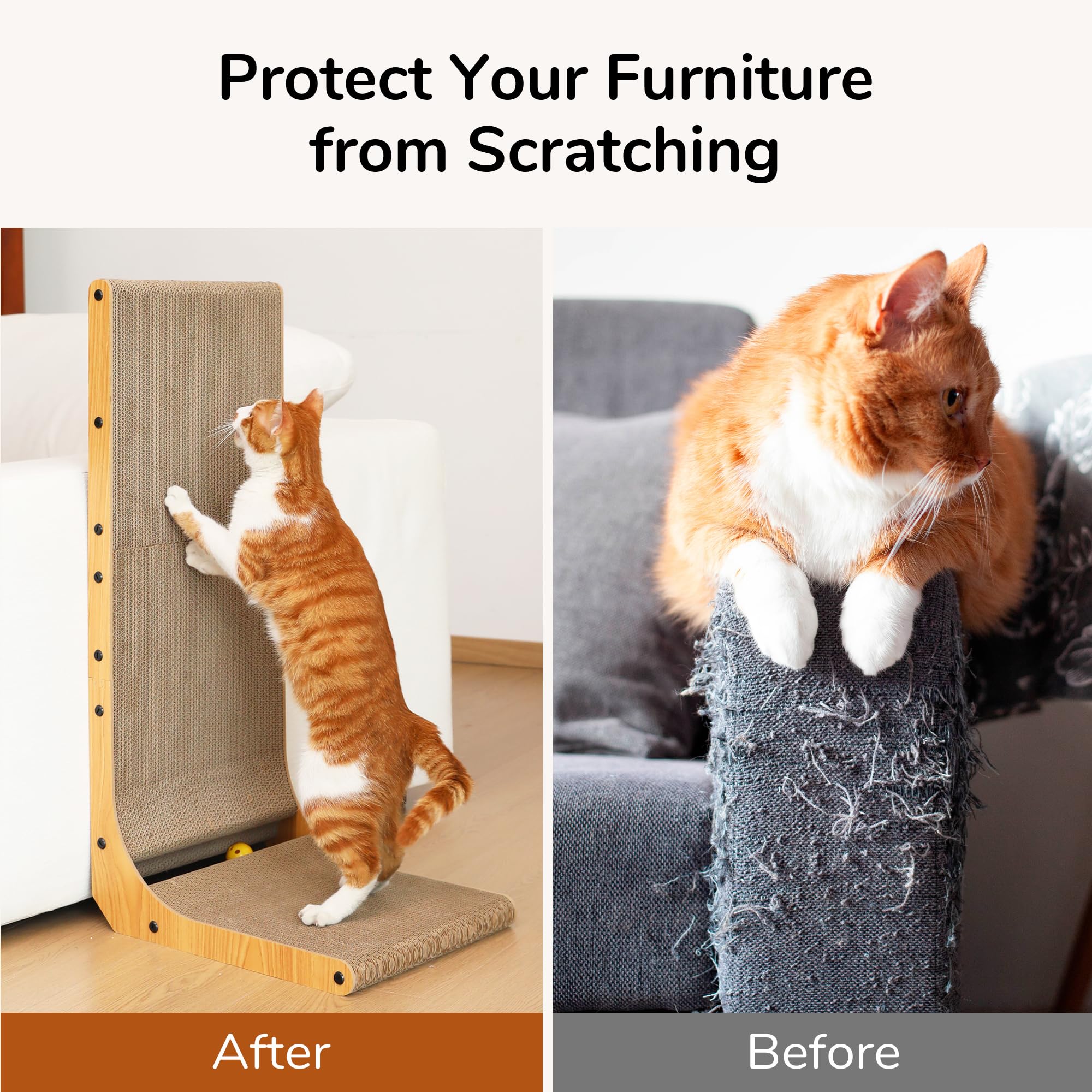 FUKUMARU Cat Scratcher, 32.7 Inch L Shape Cat Scratch Pad Wall Mounted, Cat Scratching Cardboard with Ball Toy for Indoor Cats,