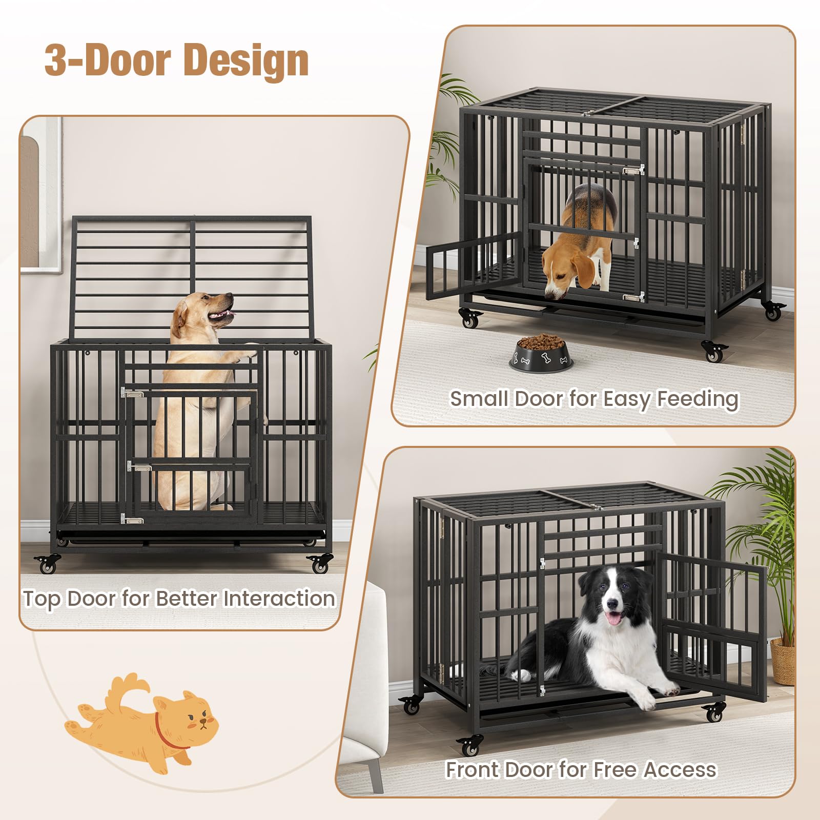 Petsite 37 Inches Foldable Metal Dog Crate, Heavy Duty Dog Cage With 3 Lockable Doors, Removable Tray, 4 Lockable Universal Whee