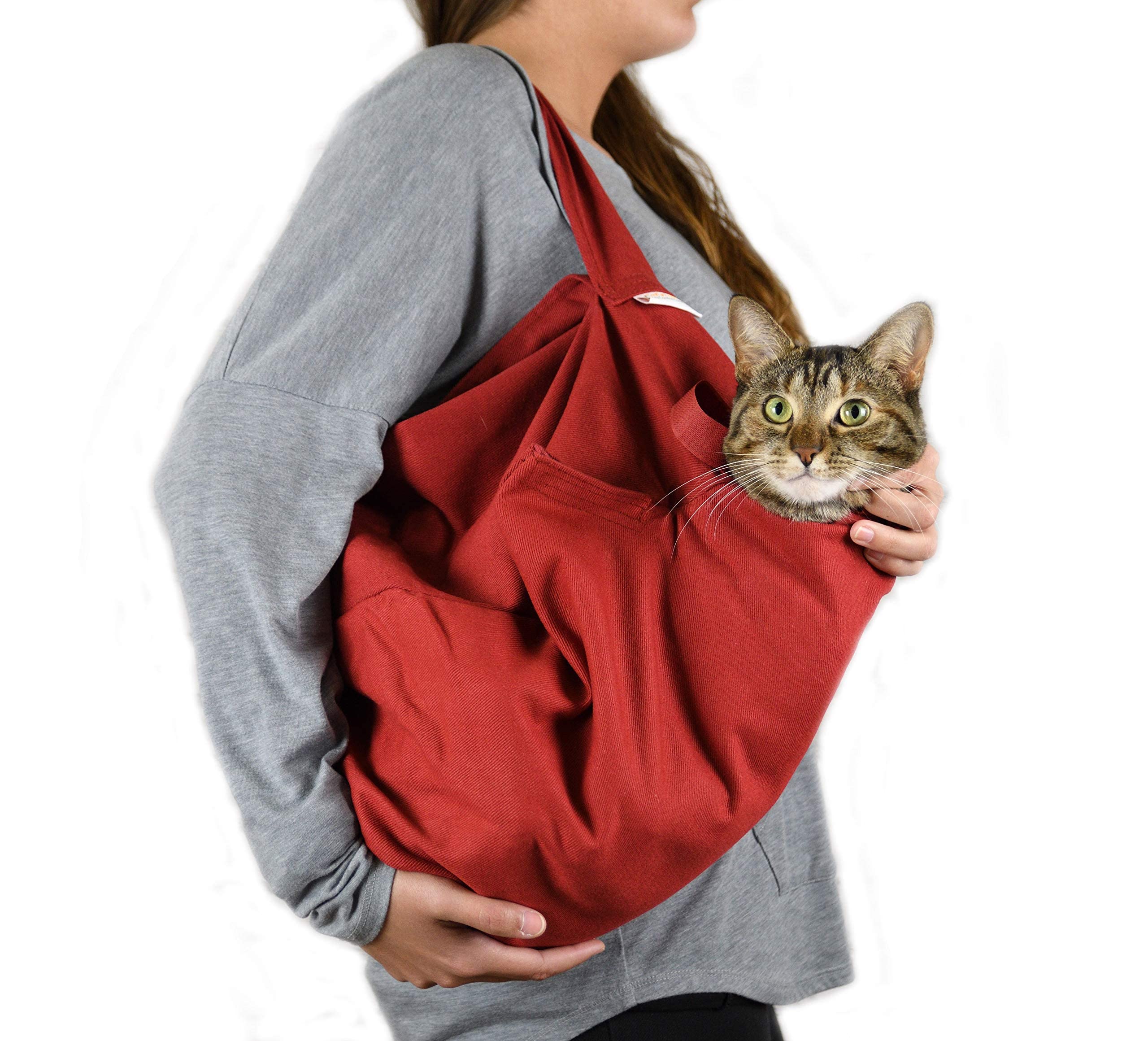 Cat-in-the-Bag Cozy Comfort Carrier - Small Soft Red Cat Carrier and Cat Restraint Bag for Nail Trimming, Vet Visits, Medication