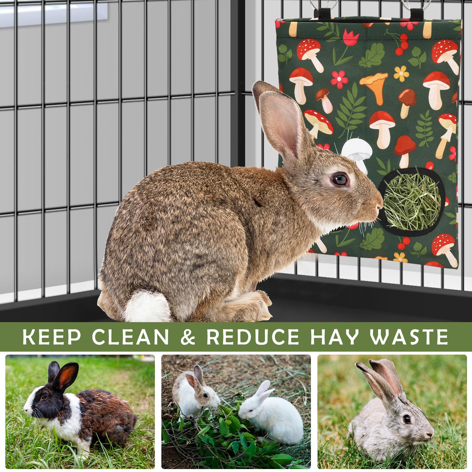 Jarthenaamcs 2Pcs Rabbit Hay Feeder Bag With 2 Holes 11.5 X 9 Inch Mushroom Guinea Pig Hanging Hay Feeding Bag Storage Dispenser