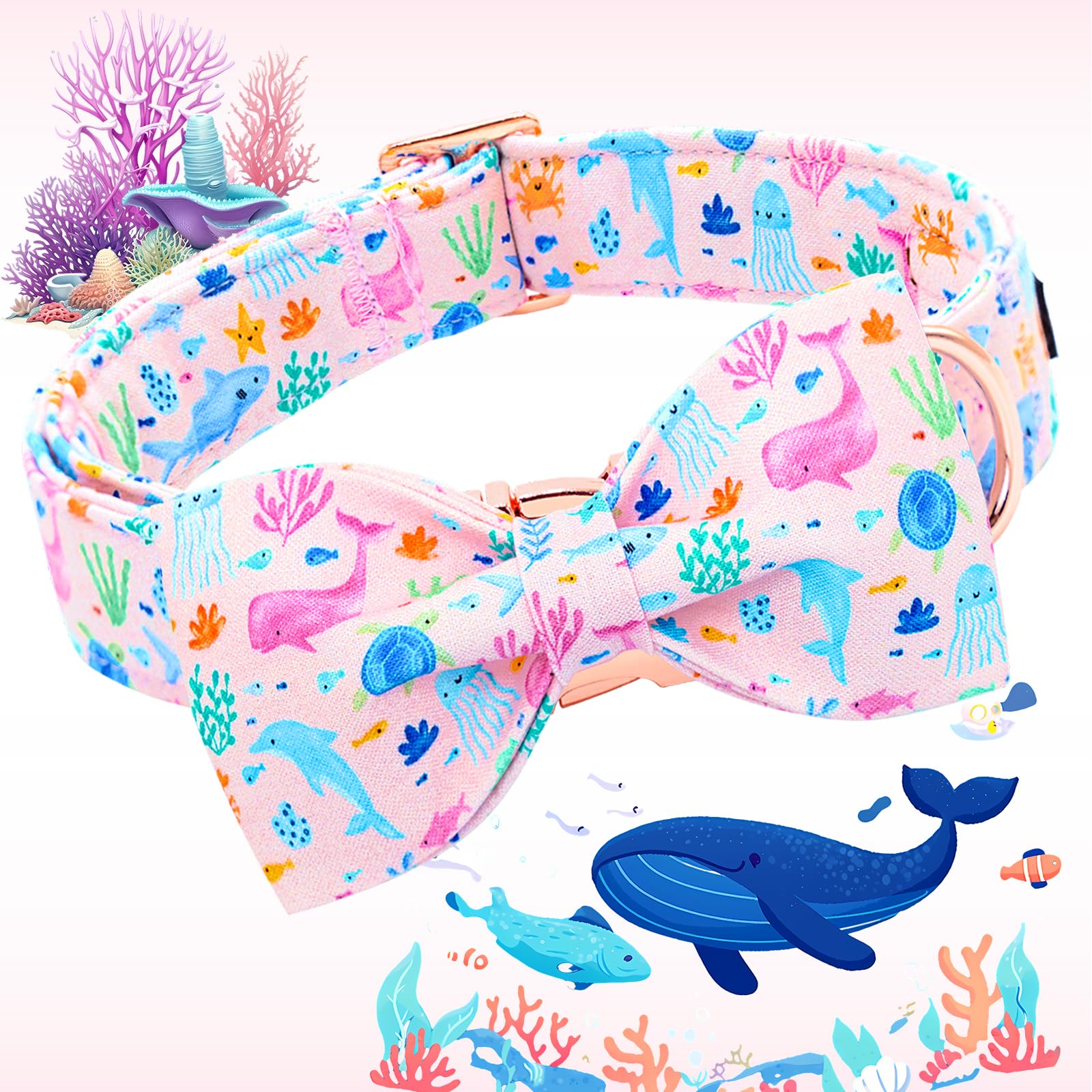 Lionheart Glory Dog Bow Collar Sea Animals Print Pink Dog Collar For Large Dogs,Female Male Dog Collars With Bowtie Spring Summe