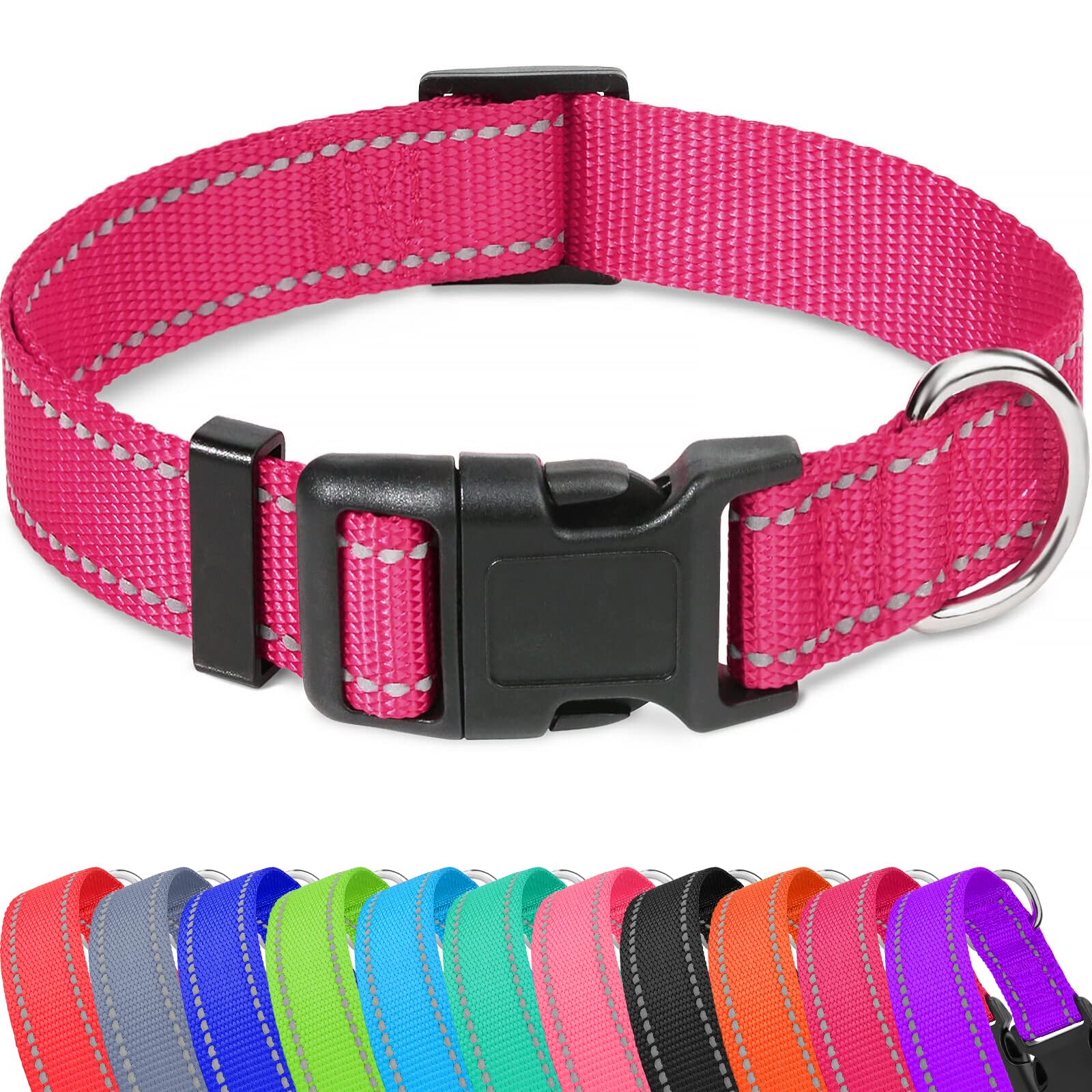 Taglory Reflective Adjustable Dog Collars For Puppy Small Medium Large Dogs, Thin Nylon Webbing And Quick Release Plastic Buckle(Hot Pink Medium)