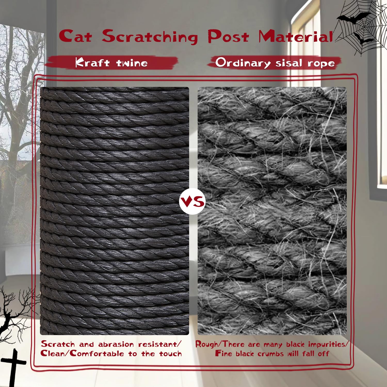 Yaruomy Gothic Cat Tree Castle, Black Cat Tower With Coffin Cat Bed, Spacious Cat Condo For Halloween Cat, Kraft Twine Scratchin