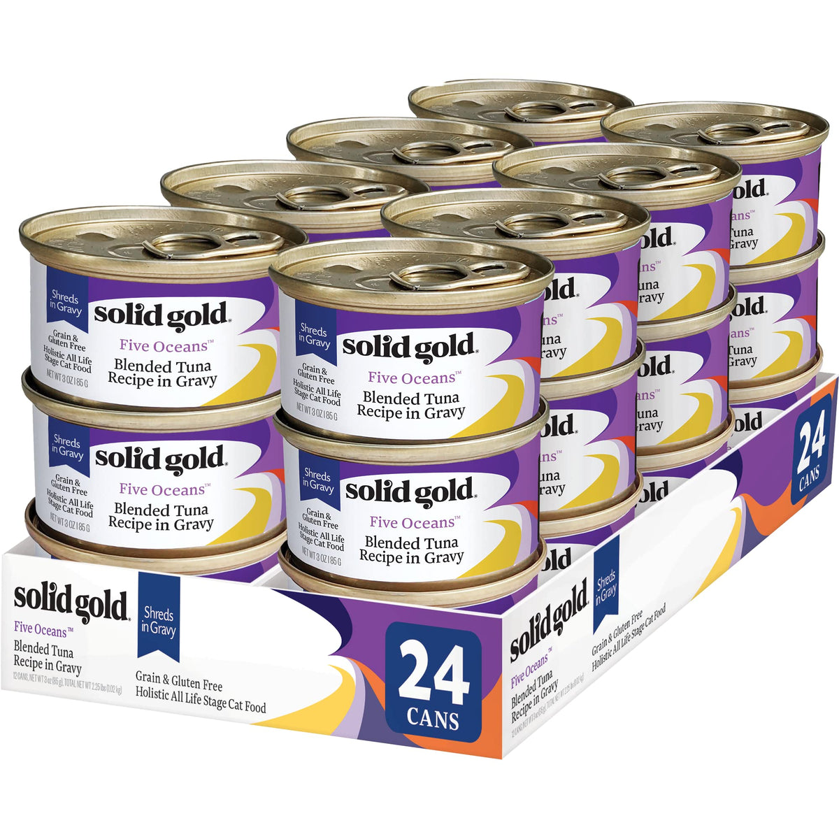 Solid Gold Wet Cat Food Shreds In Gravy - Canned Cat Food Made W/Real Tuna - Five Oceans Grain Free - 24Ct/3Oz Can