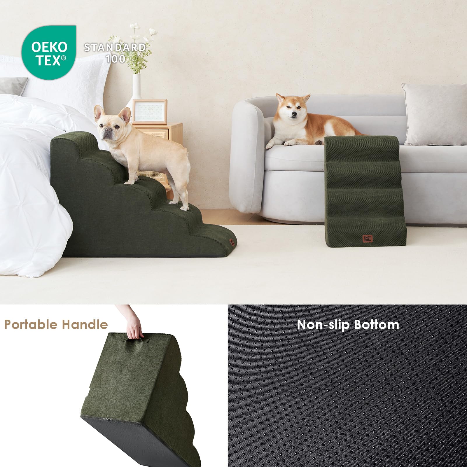 Eheyciga Curved Dog Stairs Ramp For High Beds 19.7' H, 4-Step Dog Steps For Small Dogs And Cats, Pet Stairs For High Bed Climbing, Non-Slip Balanced Pet Step Indoor, Olive Green