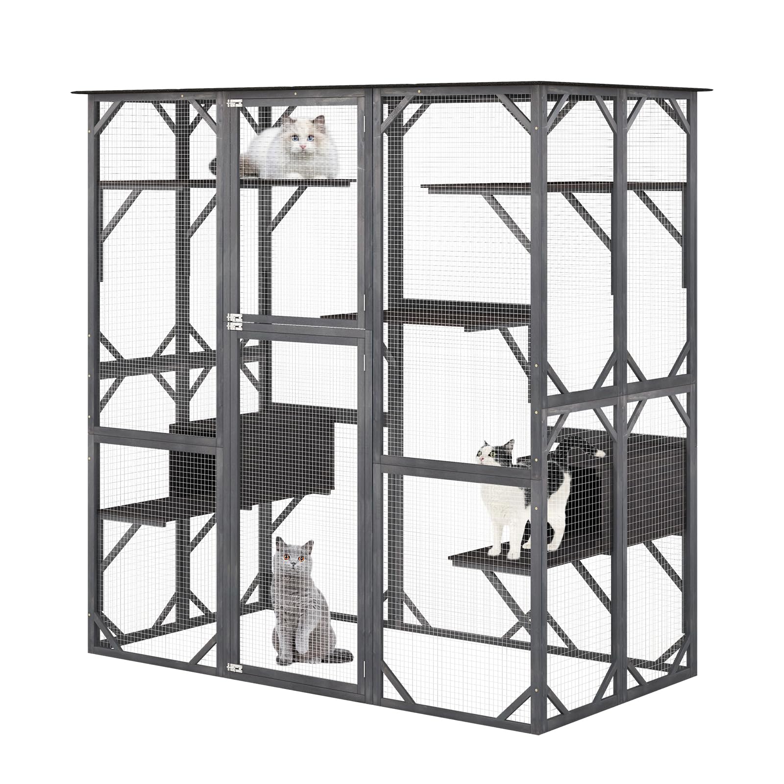 Petsite Large Wooden Cat House, 71 Inch Tall Outdoor Catio Kitten Enclosure W/Weatherproof Asphalt Roof, Walk-In Cat Kennel Cond