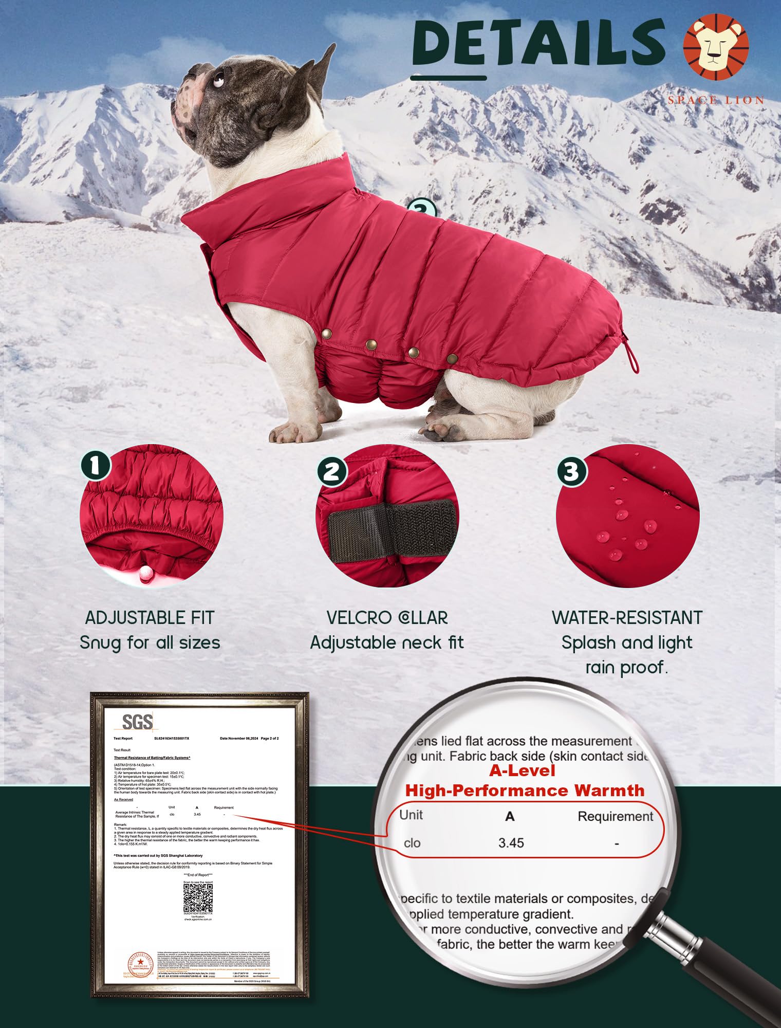 Space Lion Dog Puffer Jacket, Down Dog Winter Coat, Waterproof, Windproof, Lightweight Dog Jacket, Adjustable Fit Dog Coat For S