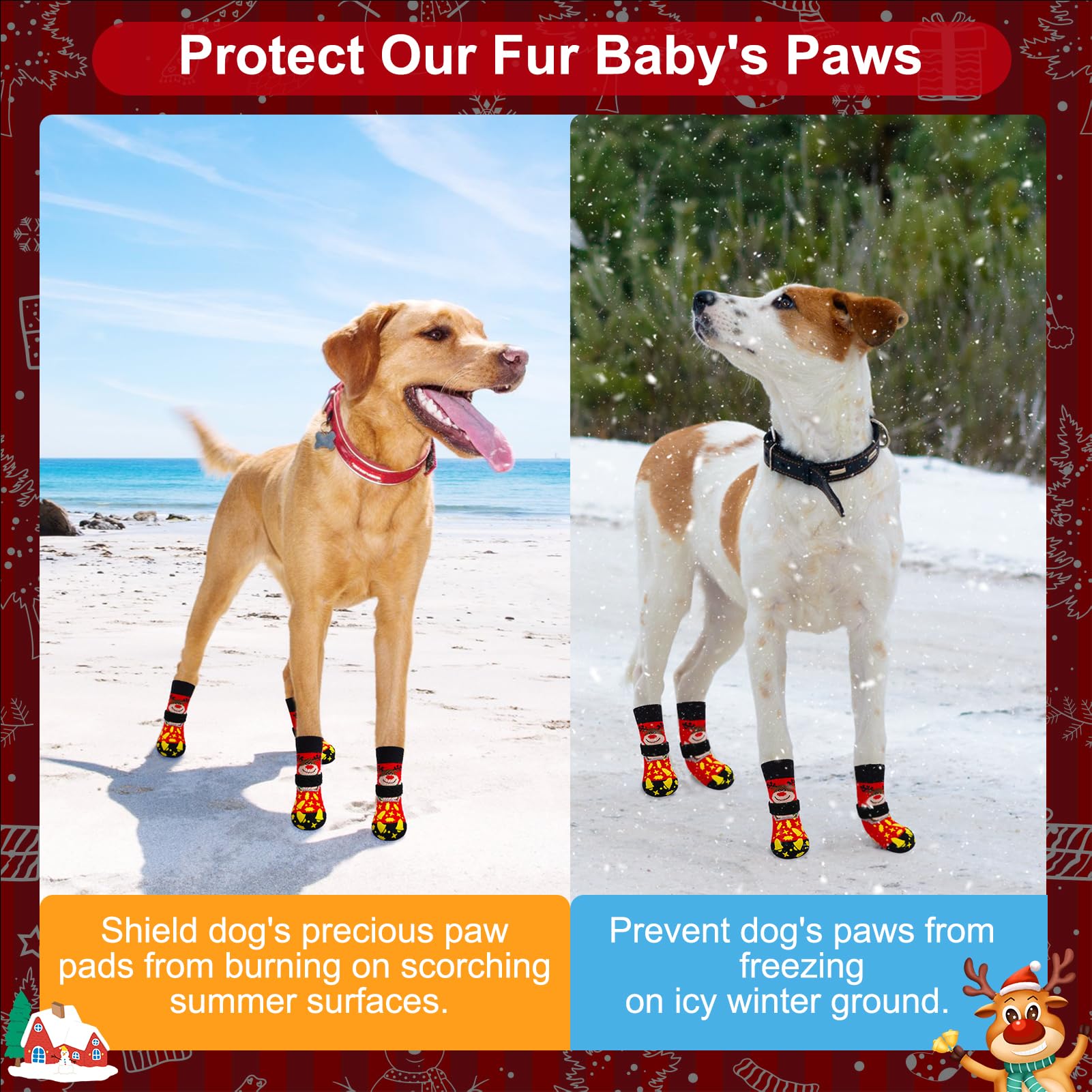 Beautyzoo Christmas Dog Socks To Prevent Licking Paws, Hardwood Floors Anti Slip, Non Slip Dog Socks With Grippers Dog Paw Prote