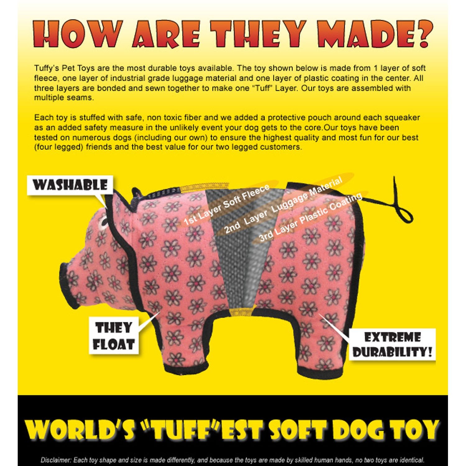 Tuffy - World'S Tuffest Soft Dog Toy - No Stuff Ring - Squeakers - Multiple Layers. Made Durable, Strong & Tough. Interactive Play (Tug, Toss & Fetch). Machine Washable & Floats (Yellow Bone)