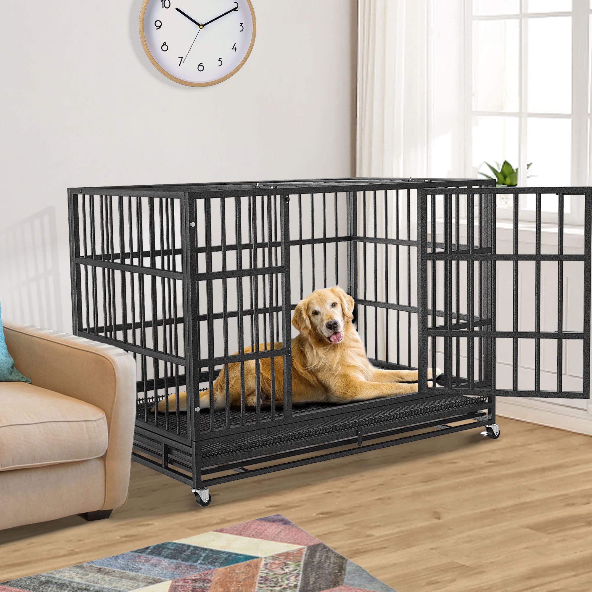 Boldbone 48/42/38 Inch Heavy Duty Indestructible And Escape-Proof Dog Crate Cage Kennel For Large Dogs, High Anxiety Dog Crate With Removable Crate Trays, Wheels And Double Door, Extra Large Xl Xxl