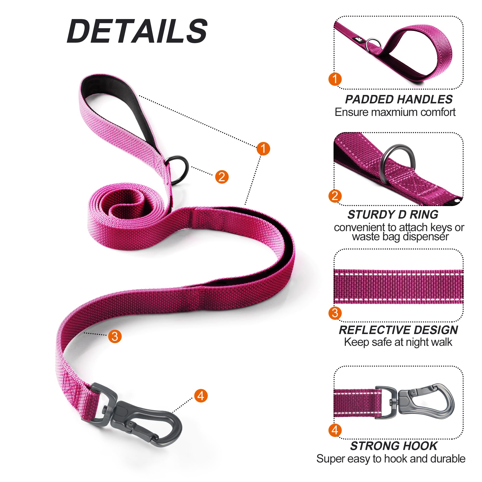 TwoEar Dog Leash - 4FT 1IN Nylon Rose with 2 Padded Handles & Reflective Auto Lock Hook for Small, Medium, and Large Dogs