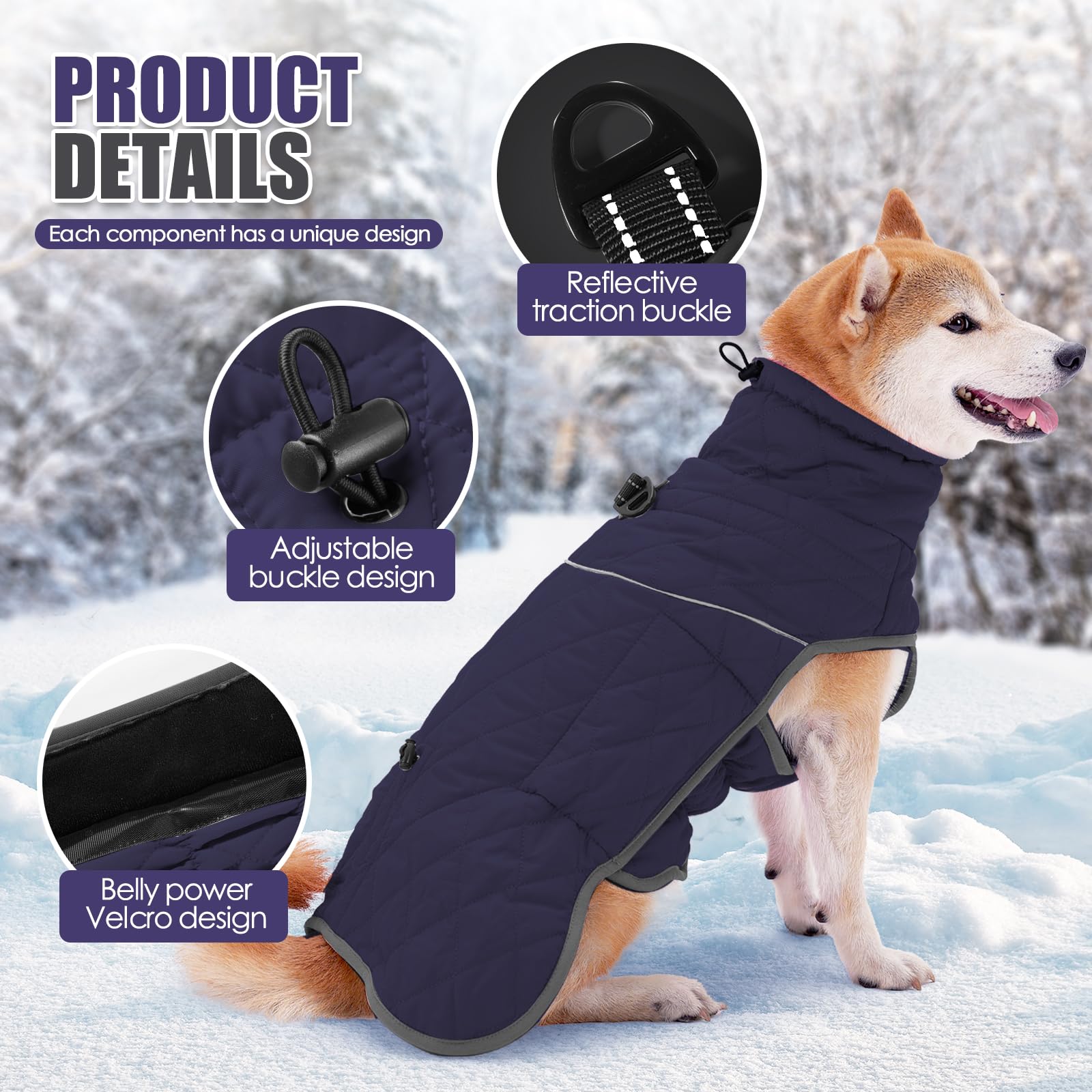 Pinellia Dog Winter Coat, Waterproof & Windproof, Reflective, Blue, Xl