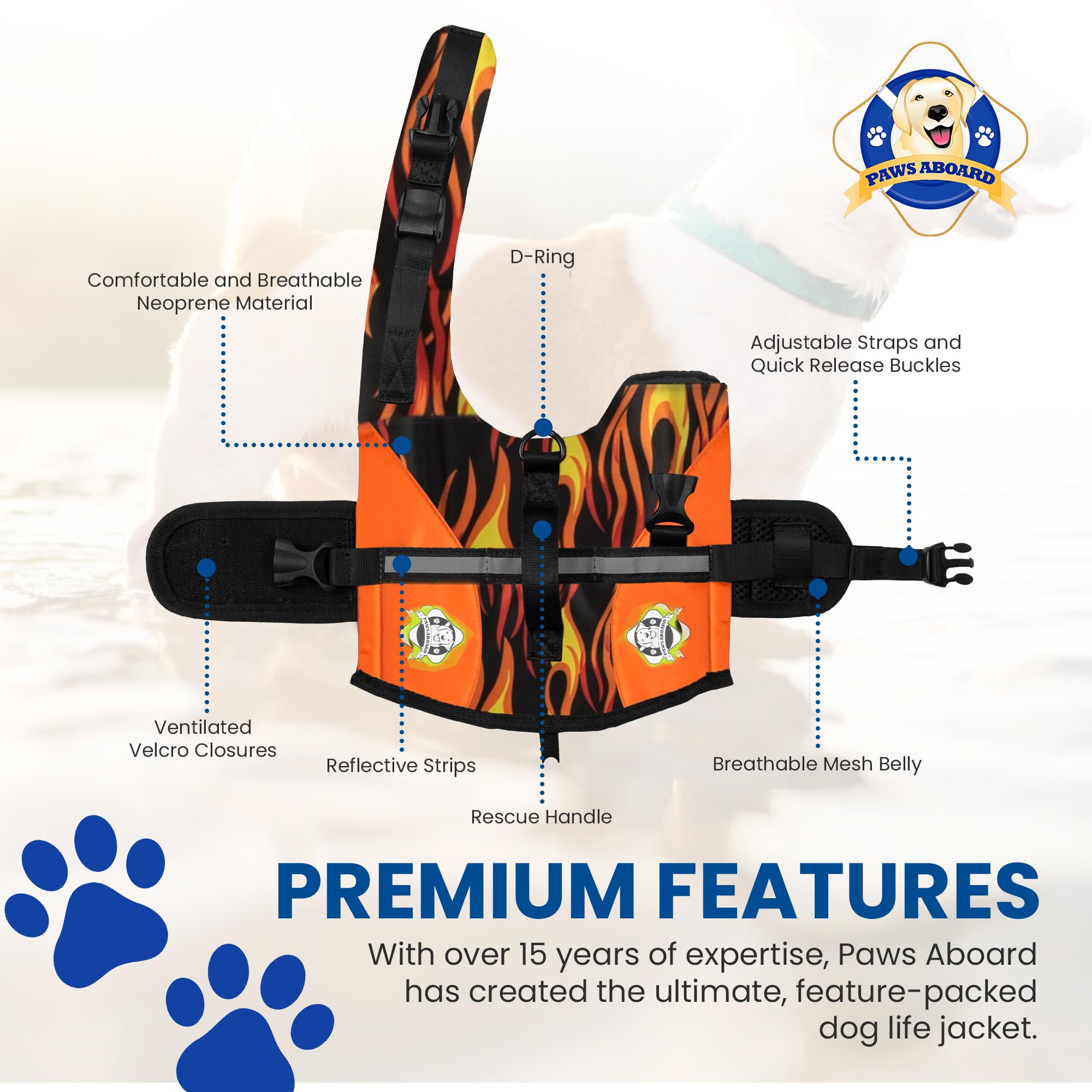 Paws Aboard Dog Life Jacket - Keep Your Canine Safe with a Nylon Life Vest for Swimming and Boating - Racing Flames - Design to Choose - XXS to XL