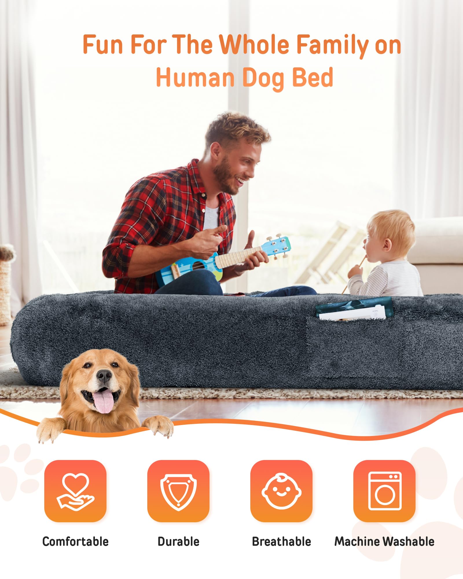 YEFU Human Dog Bed - Orthopedic Foam, Faux Fur, XX-Large 79"x45"x12", Dark Grey, Model BE3501