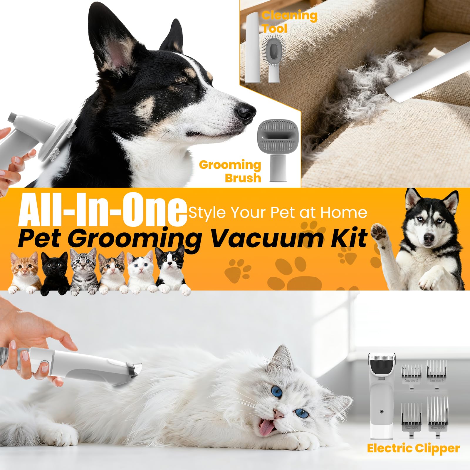 FIXR Dog Grooming Vacuum, All-in-One Pet Grooming Kit with Hair Clipper & Shedding Brush, Low Noise 12,000Pa Dog Hair Remover Va
