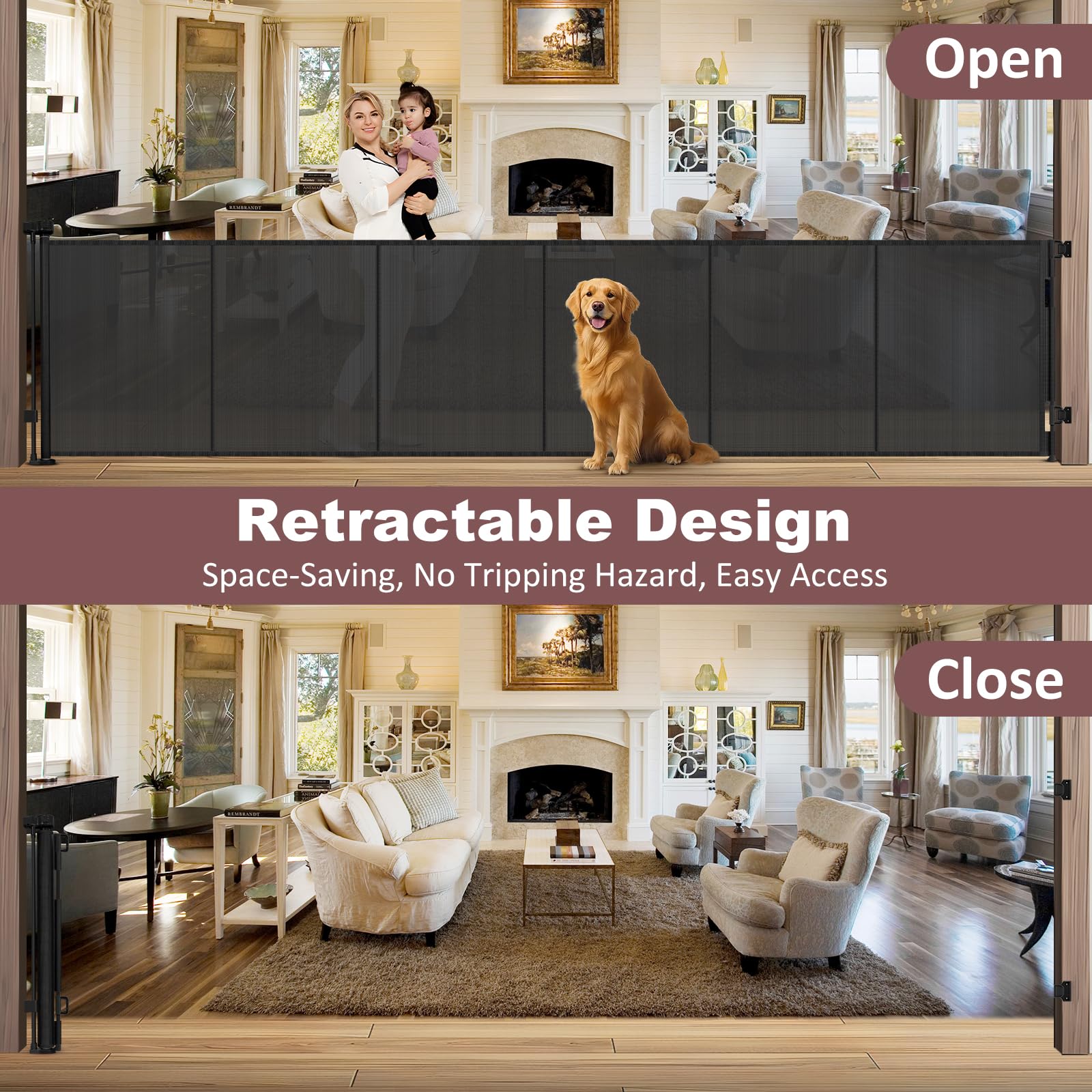 Reinforced 41'' Tall    150'' Extra Long Retractable Baby Gate with Support Rods, Indoor Dog Gates for The House Extra Wide Baby