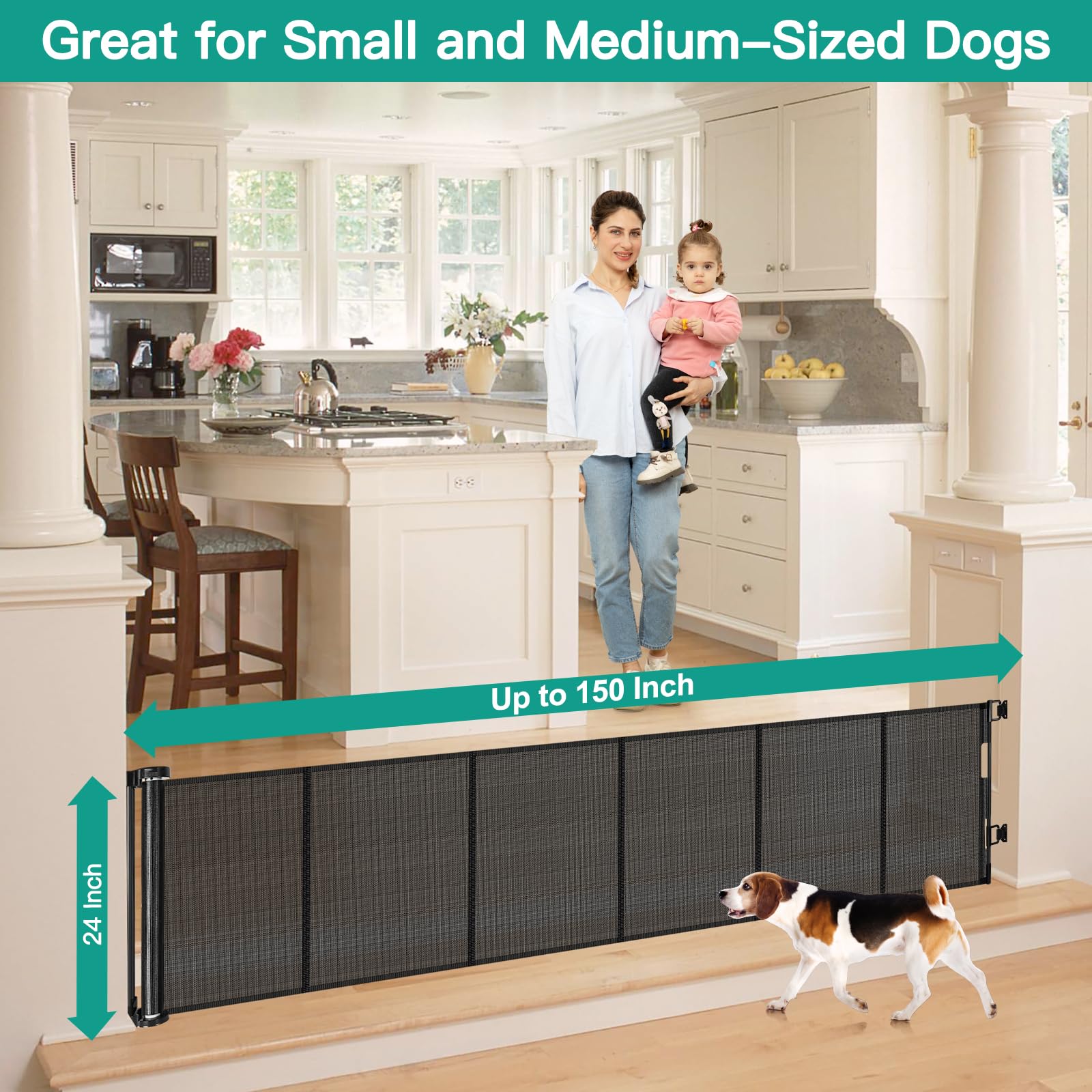 24 Inch Tall x 150 Inch Extra Wide Retractable Dog Gate for The House, Short Baby Gate to Step Over, Reinforced Mesh Puppy Gate