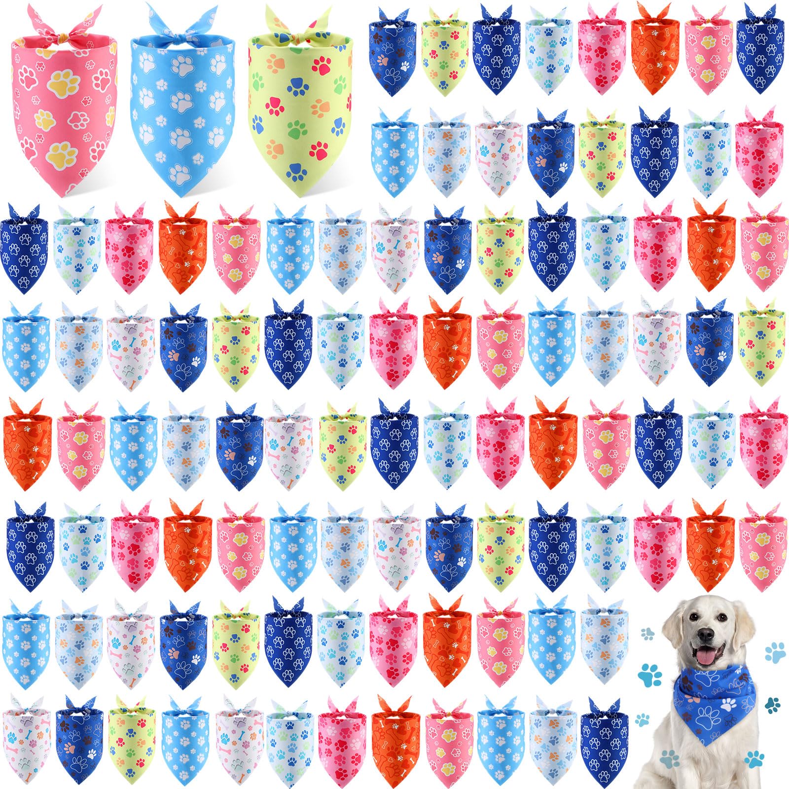 Shyyween 100 Pieces Paw Print Dog Bandanas Bulk Paw Bandanas for Dogs Soft Bibs Adjustable Triangle Doggie Scarves for Small Med