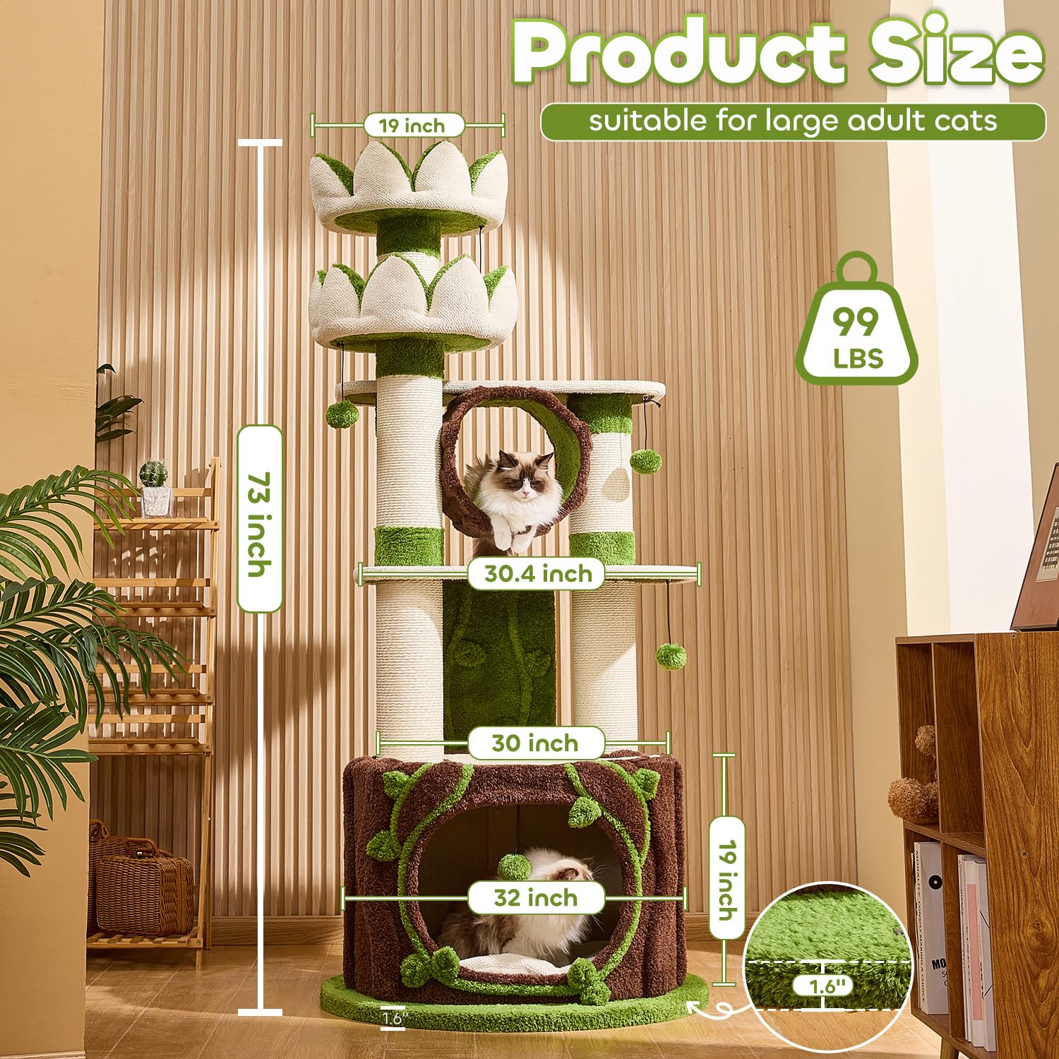 73   Tall Modern Cat Tree,Lotus Cat Tower for Indoor Adults Fat Cats,Multi-Level Heavy Duty Cat Furniture with Large Condo,Bed