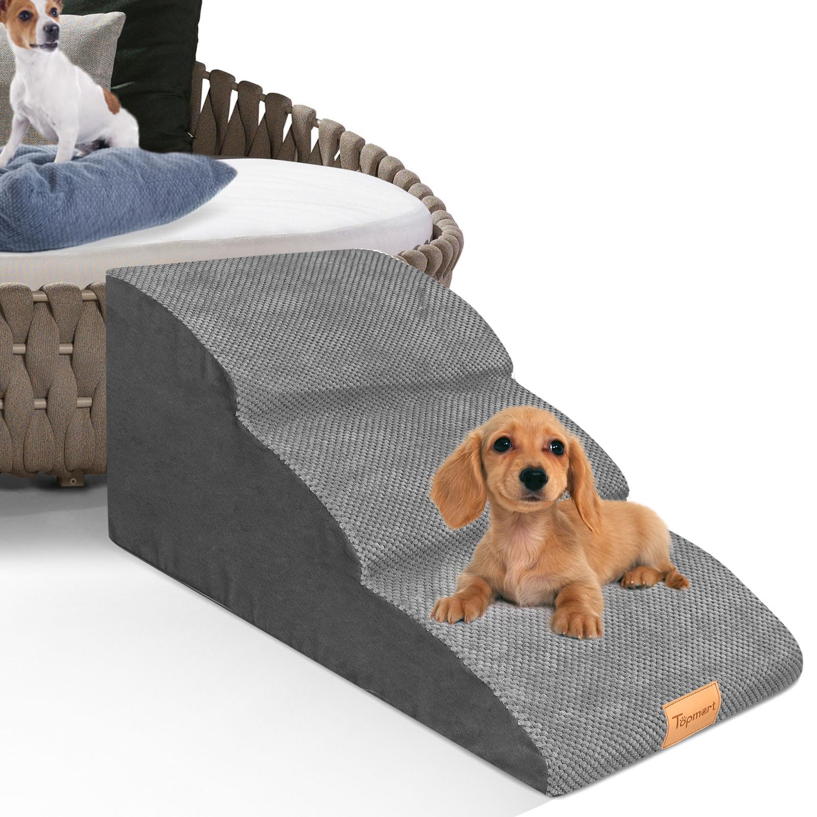 Topmart High Density Extended Foam Dog Ramp&Steps 3 Tiers,15.7'' High,Non-Slip Dog Stairs With Waterproof Cover,Soft Foam Pet La
