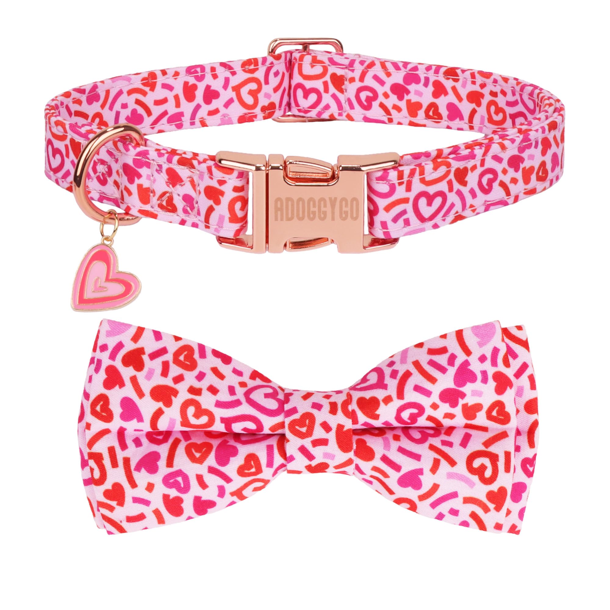 Adoggygo Valentine Dog Collar With Bow, Metal Buckle, Adjustable Pink Heart Bowtie Pet Valentine Collars For Large And Extra Lar