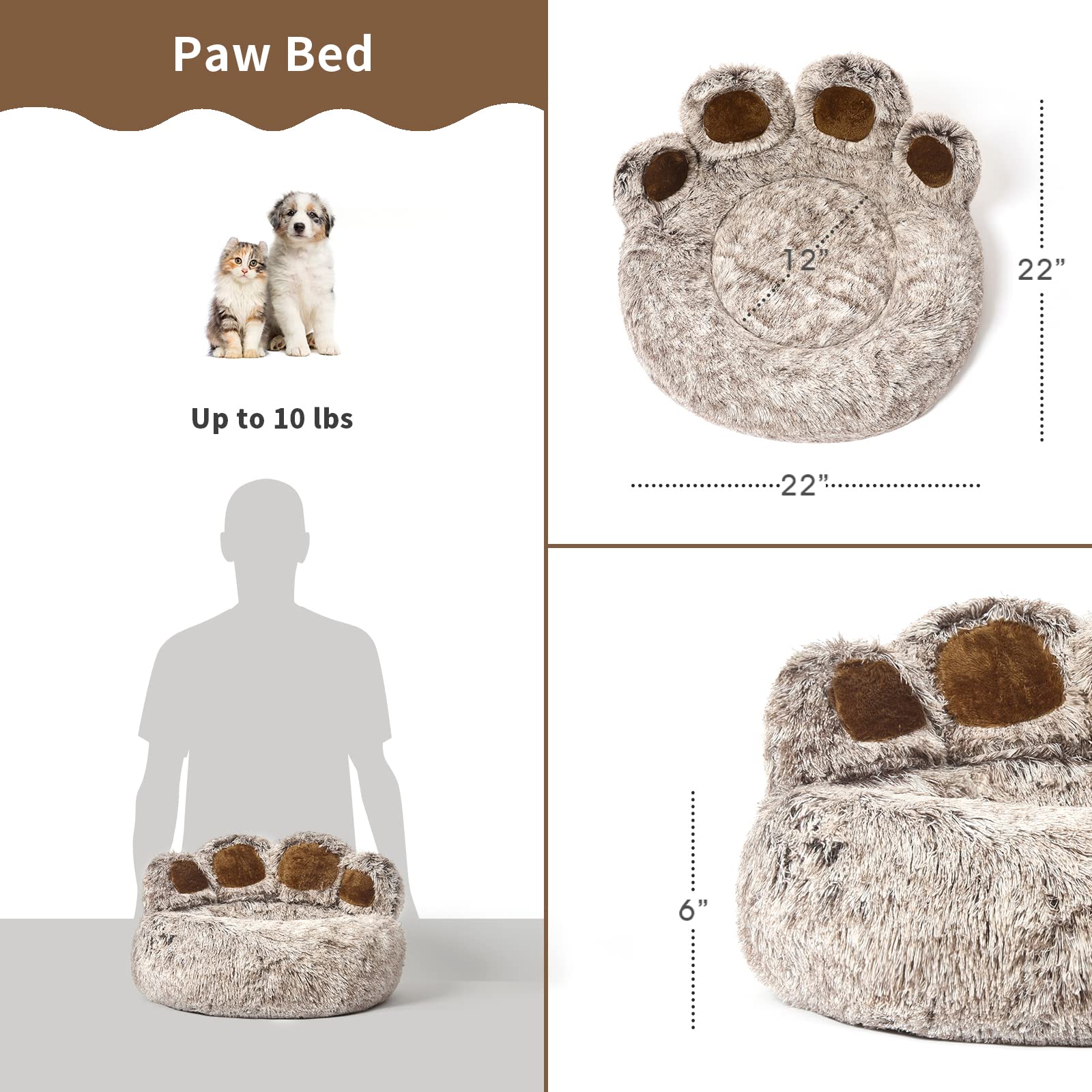 Jiupety Paw Shape Calming Pet Bed, Plush Faux Fur Donut Bed for Dogs & Cats, Machine Washable, Non-Slip Bottom, Medium (22   22