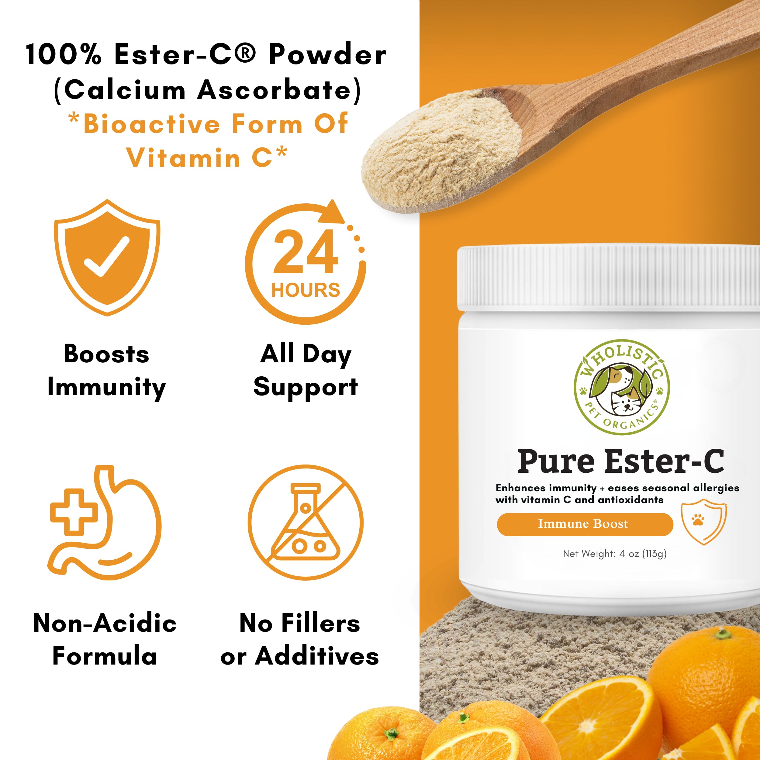 Wholistic Pet Organics Ester-C Powder for Dogs - 4 Oz - Vitamin C Supplement for Allergy Relief & Immune Support