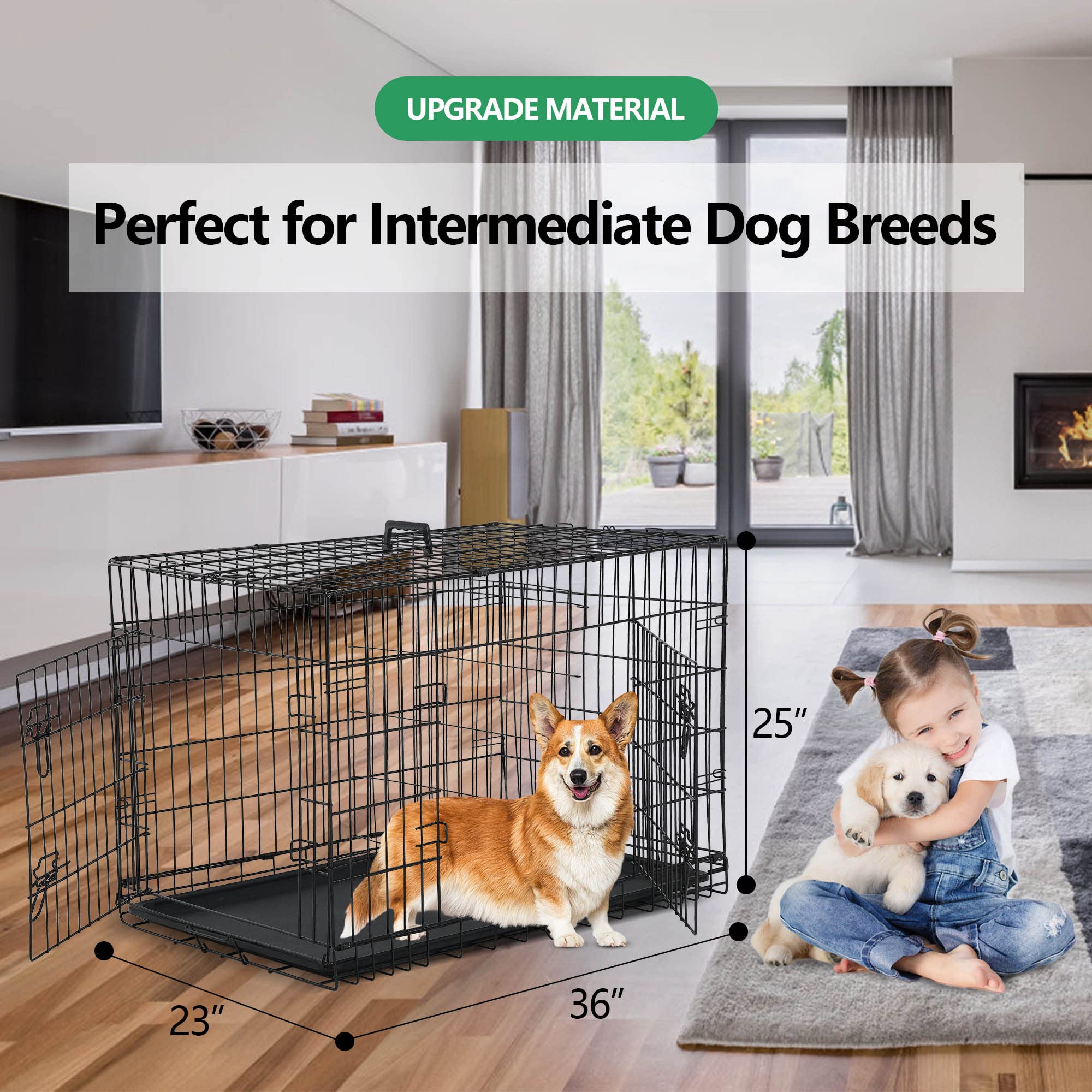 36 Inch Large Dog Crate, Heavy Duty Dog Crates For Large Dogs, Metal Wire Folding Dog Cage With Removable Trays, Locks, Double-D