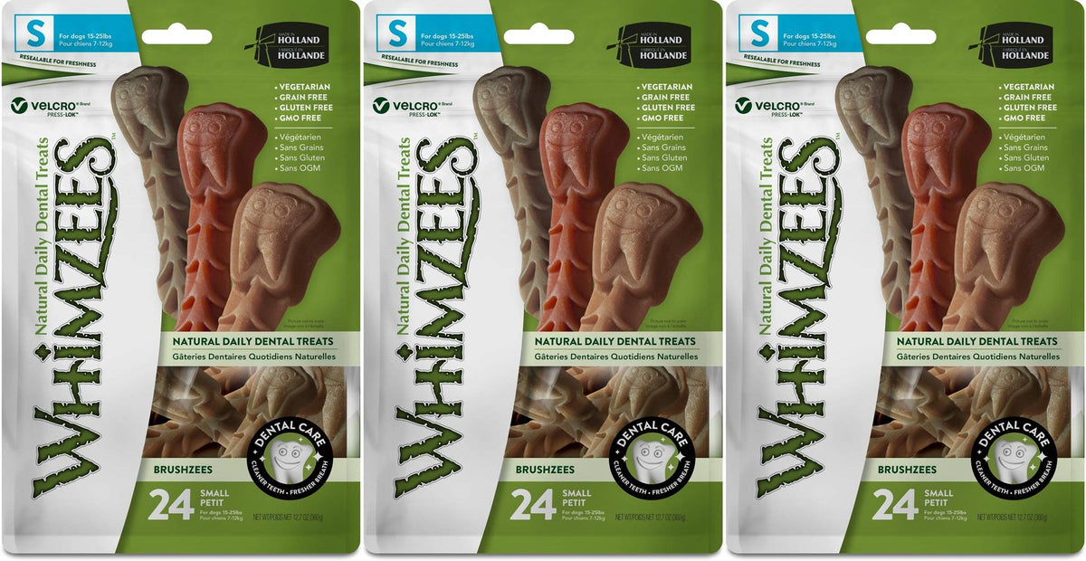 Whimzees 3 Pack Of Brushzees Dental Dog Treats, 24 Small Chews Each