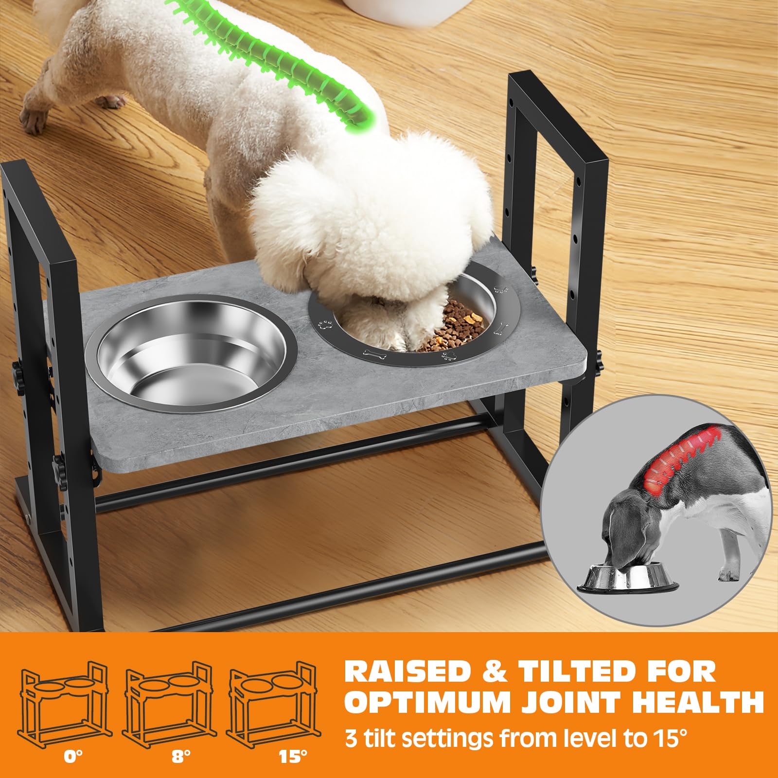 Elevated Dog Bowls For Small Dogs, 6 Heights Adjustable Raised Dog Bowl With Slow Feeder - 3 Stainless Steel Bowl, Tiltable Non-