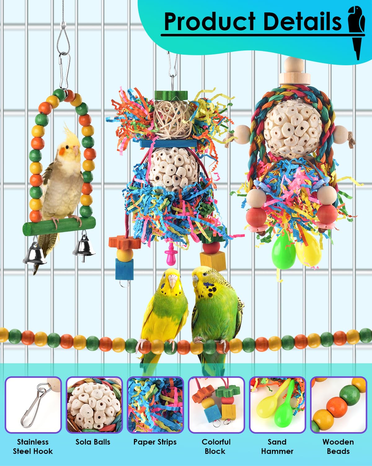 Bissap Conure Toys, 4 Pcs Parrot Foraging Shredder Hanging Toys Sola Balls With Sand Hammer Perch Swing Climbing For Small Parro