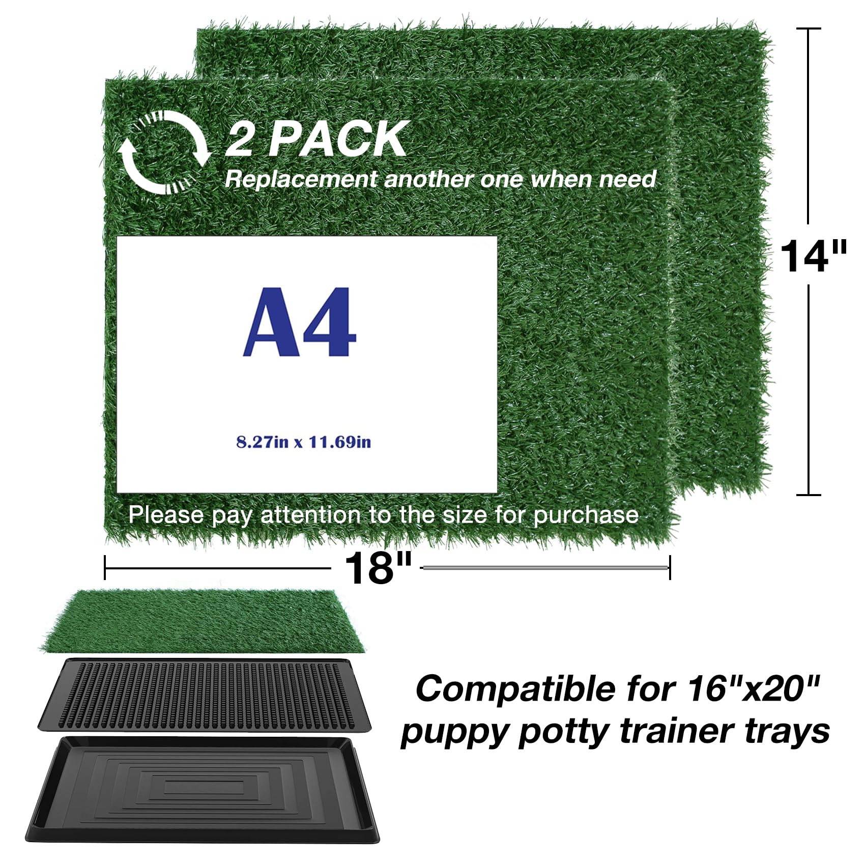 Globreen Puppy Artificial Grass Pee Pad For Dogs Potty Trianing, 2 Pack Replacement Pet Fake Grass Mat, Reusable & High Drainage