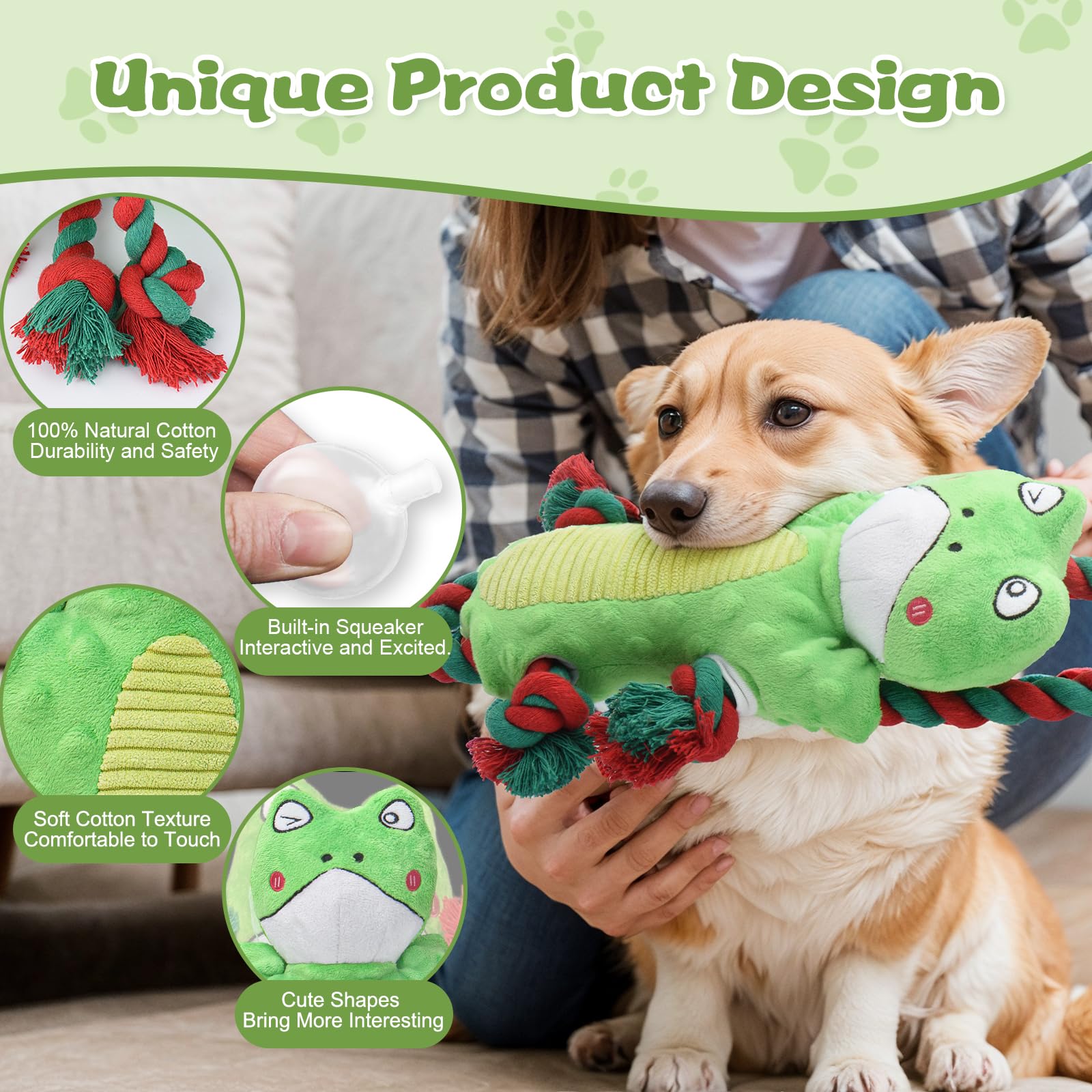 Pawspurr Squeaky Dog Toys, Dog Rope Toys Indestructible Natural Cotton Interactive Dog Toys, Tug Of War Tough Chew Toys For All