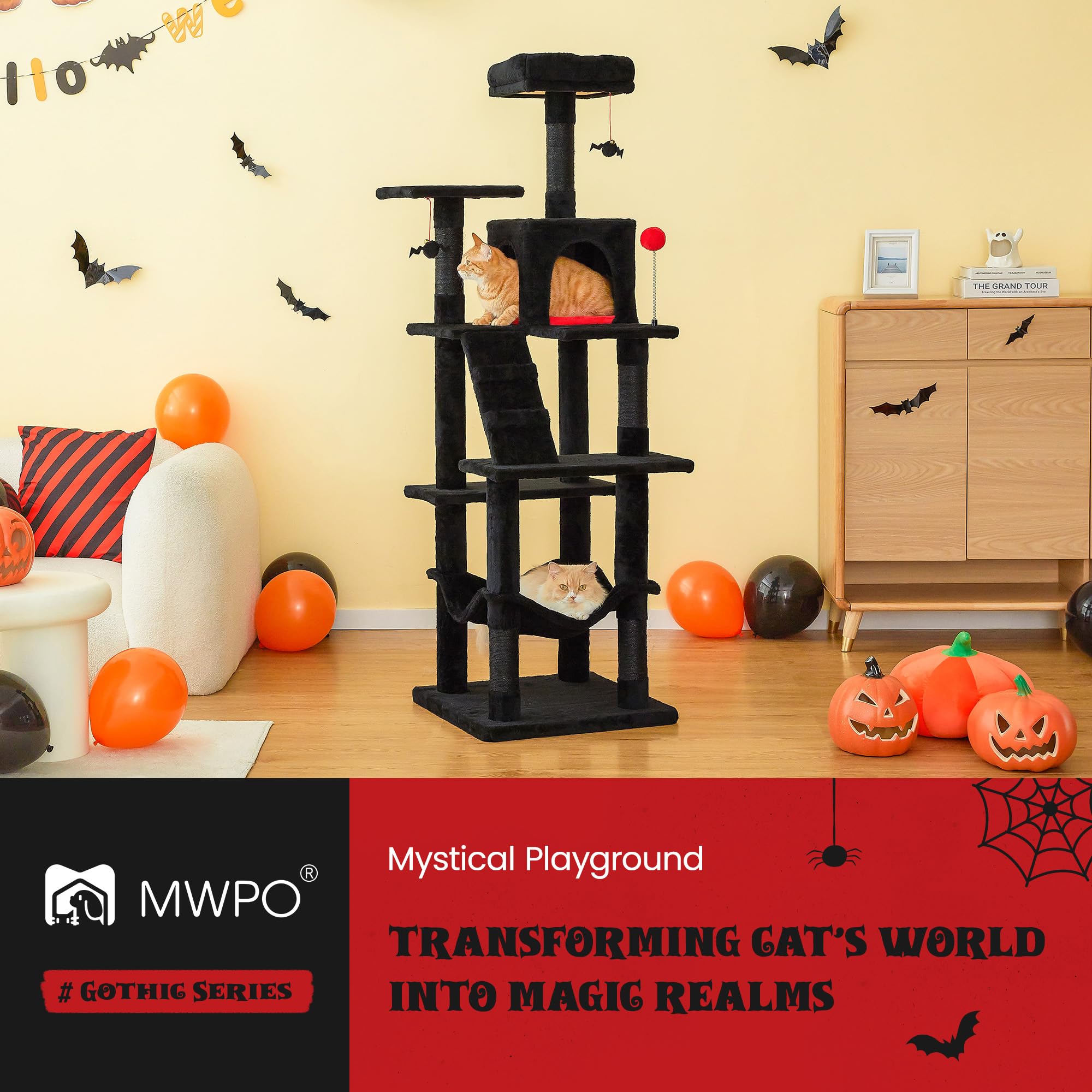 Mwpo Gothic Cat Tree For Indoor Cats, 63.8 Inches Multi-Level Cat Tower With Sisal-Covered Scratching Posts, Padded Platform, Ha