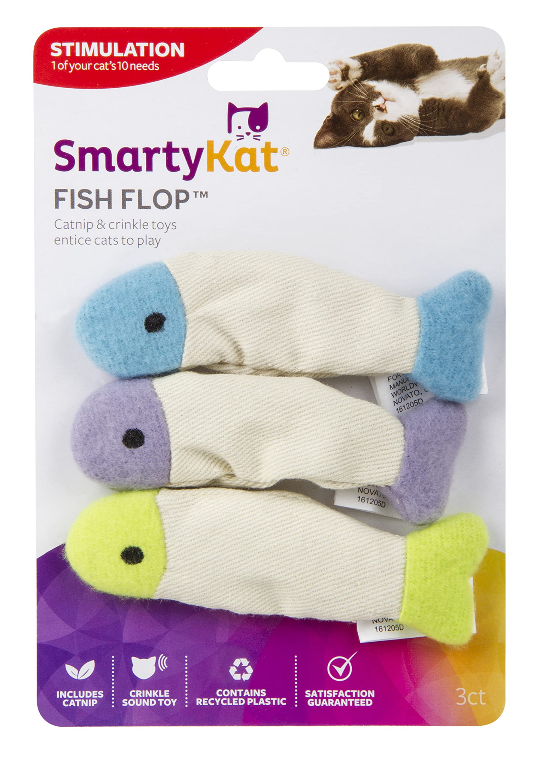 Smartykat (3 Count) Fish Flop Crinkle Catnip Cat Toys - Multi Color, 3 Count
