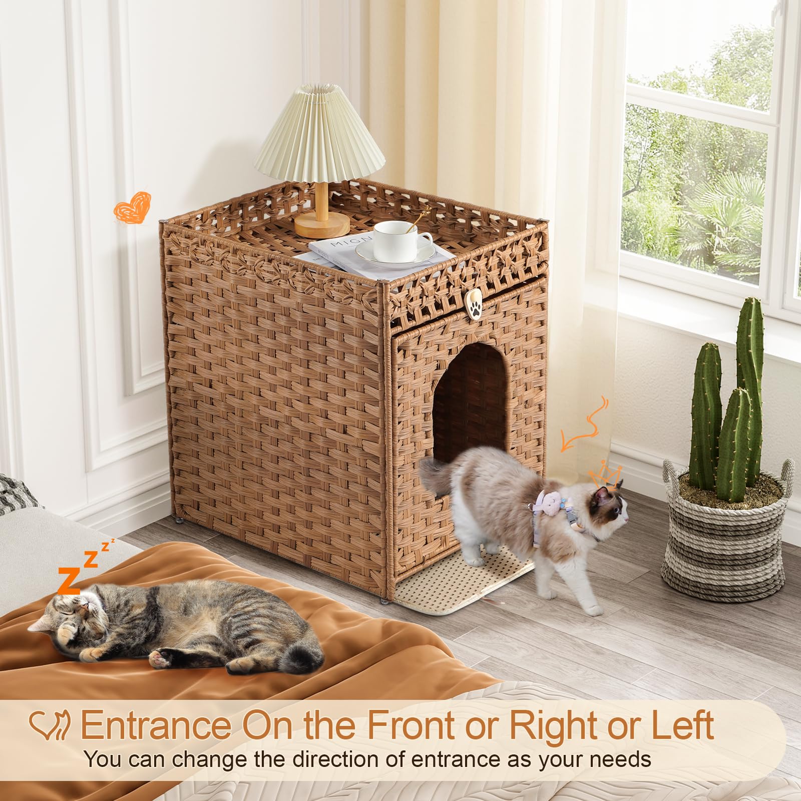 Snughome Cat Litter Box Enclosure Furniture Hidden With Cat Litter Mat, Hidden Cat Washroom Furniture With Door, Handwoven Ratta