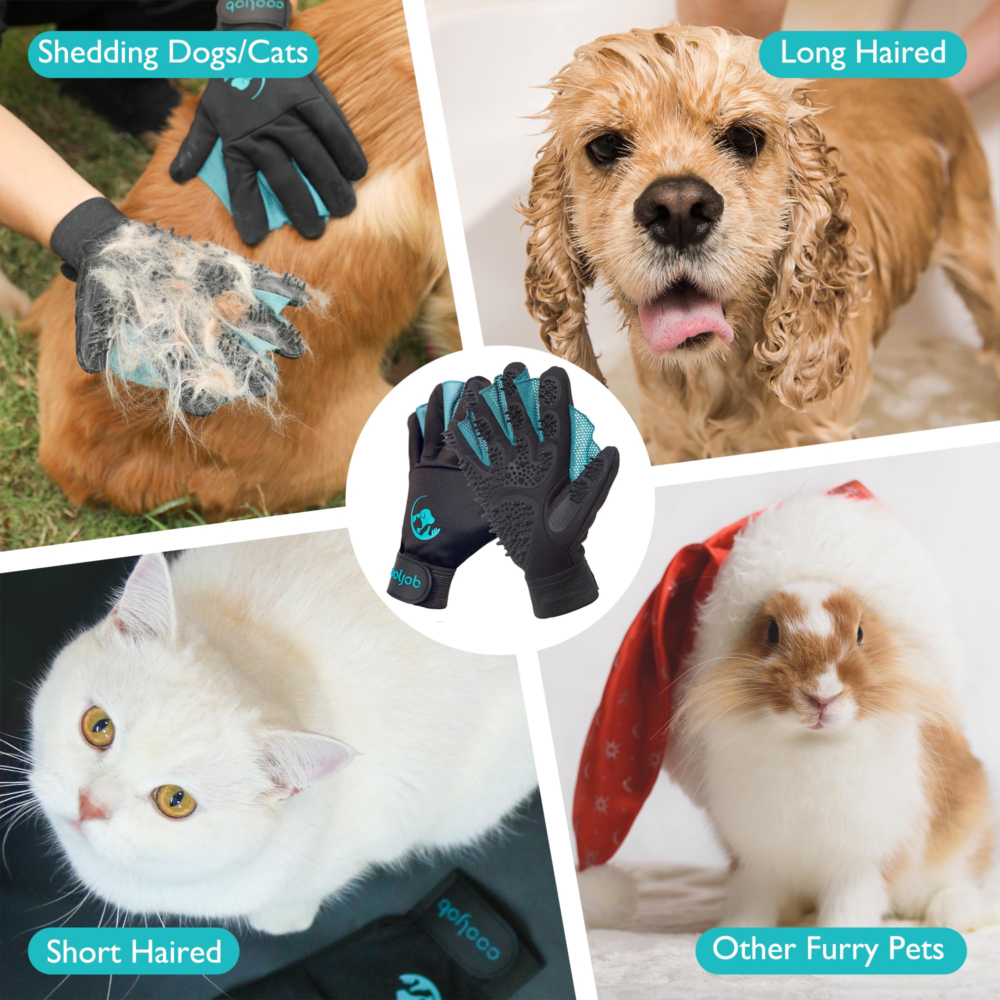 COOLJOB Patented Pet Grooming Gloves with Web, Reusable Washable Cleaning Brush Massage Hair Remover for Short Long Haired Dog C
