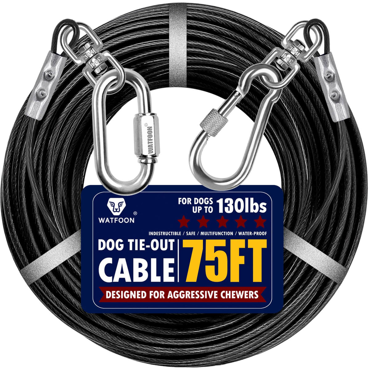 Dog Leads For Yard 20Ft 25Ft 30Ft 35Ft 40Ft 45Ft 50Ft 55Ft 65Ft 100Ft Dog Tie Out Cable Runner Steel Tieout Heavy Duty Tether Chew Proof Long Dog Chains For Outside, Camping, Park (75Ft-Black)