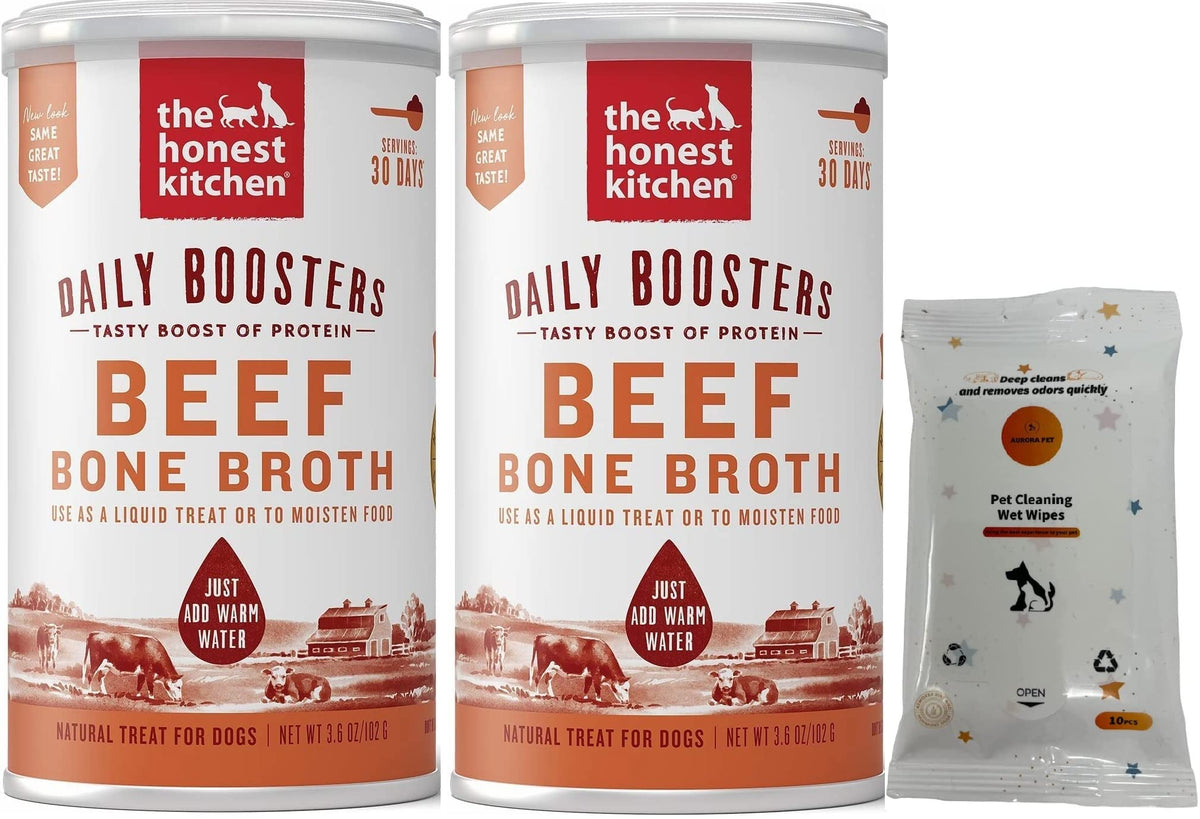 Aurora Pet Bundle Pack (2) Daily Boosters Instant Beef Bone Broth With Turmeric Plus Aurorapet Wipes