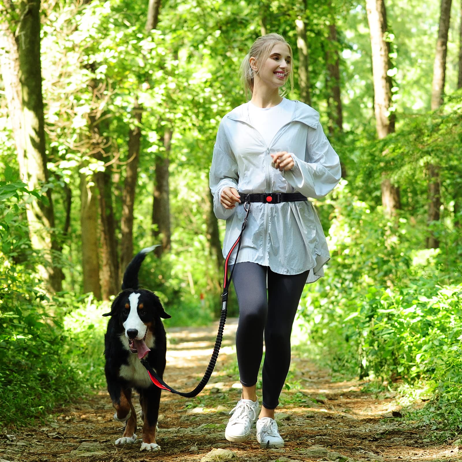 Vivaglory Hands Free Dog Leash With Shock-Absorbing Bungee For Medium & Large Dogs, Reflective Adjustable Waist Leash With Dual Padded Handle For Walking, Jogging, Running, Hiking, Black-Red