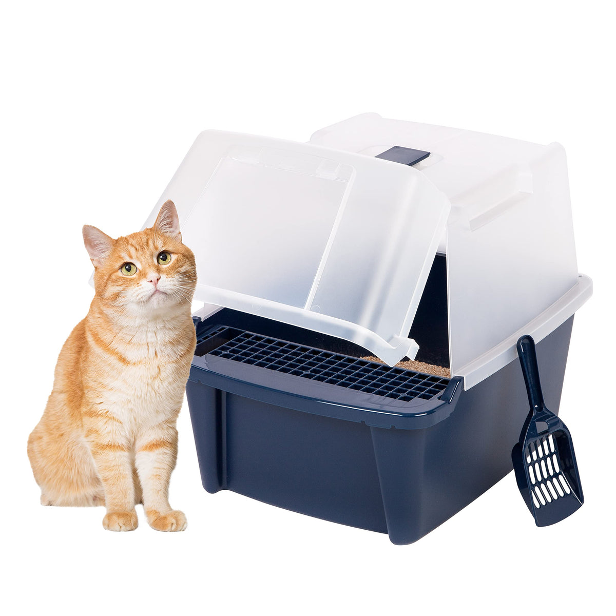 Iris Usa Cat Litter Box, Litter Box Enclosure With Scoop, Split Hood And Front Door Flap, Covered Kitty Litter Box For Privacy, Portable, Easy To Clean, Navy