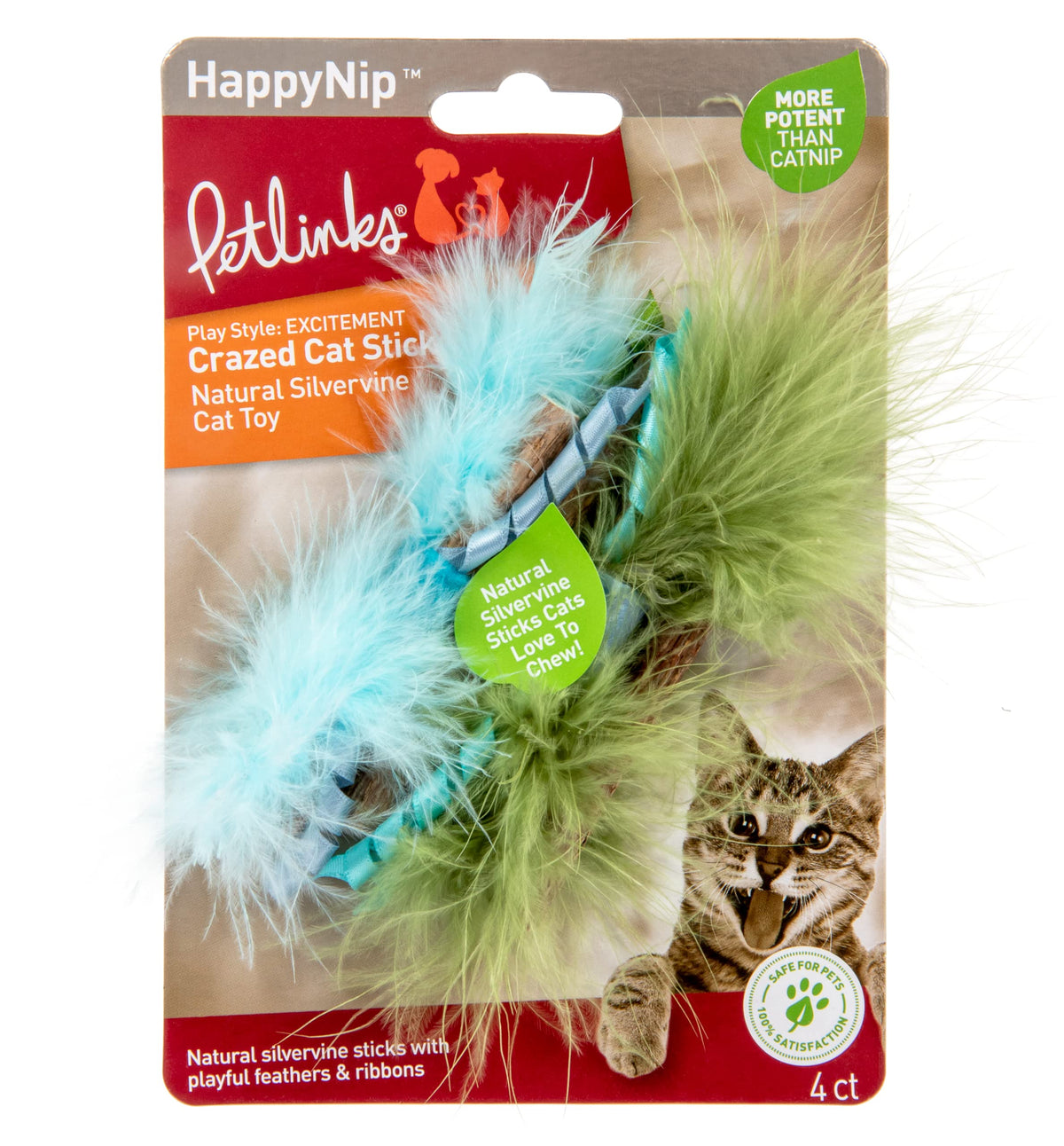 Petlinks (4 Count Happynip Crazed Cat Sticks Natural Silvervine Cat Toys - Blue/Green, 4 Count